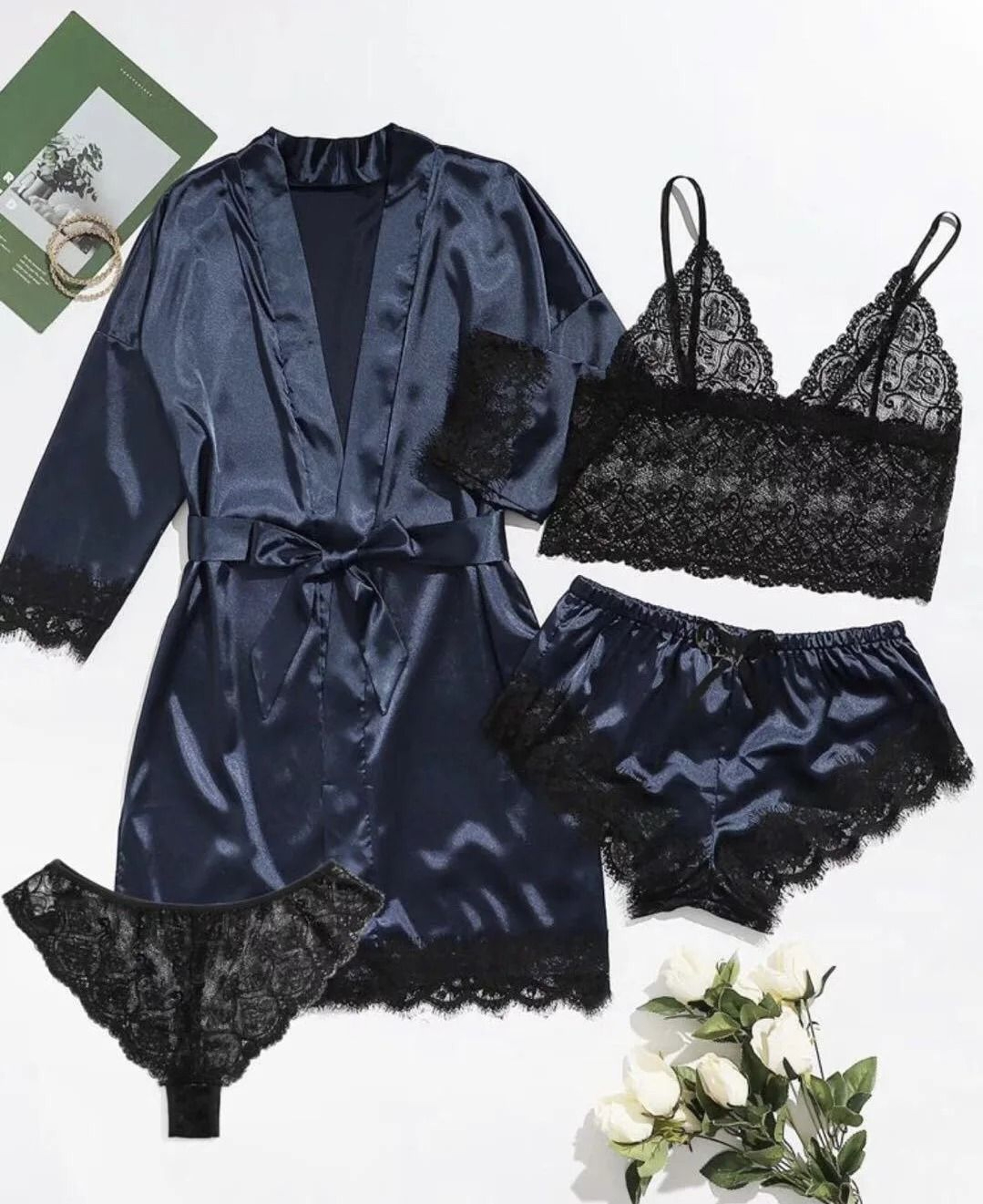 Womens 4Piece Lace Satin Pajama Set With Robe Cami Top  Shorts Loungewear 11