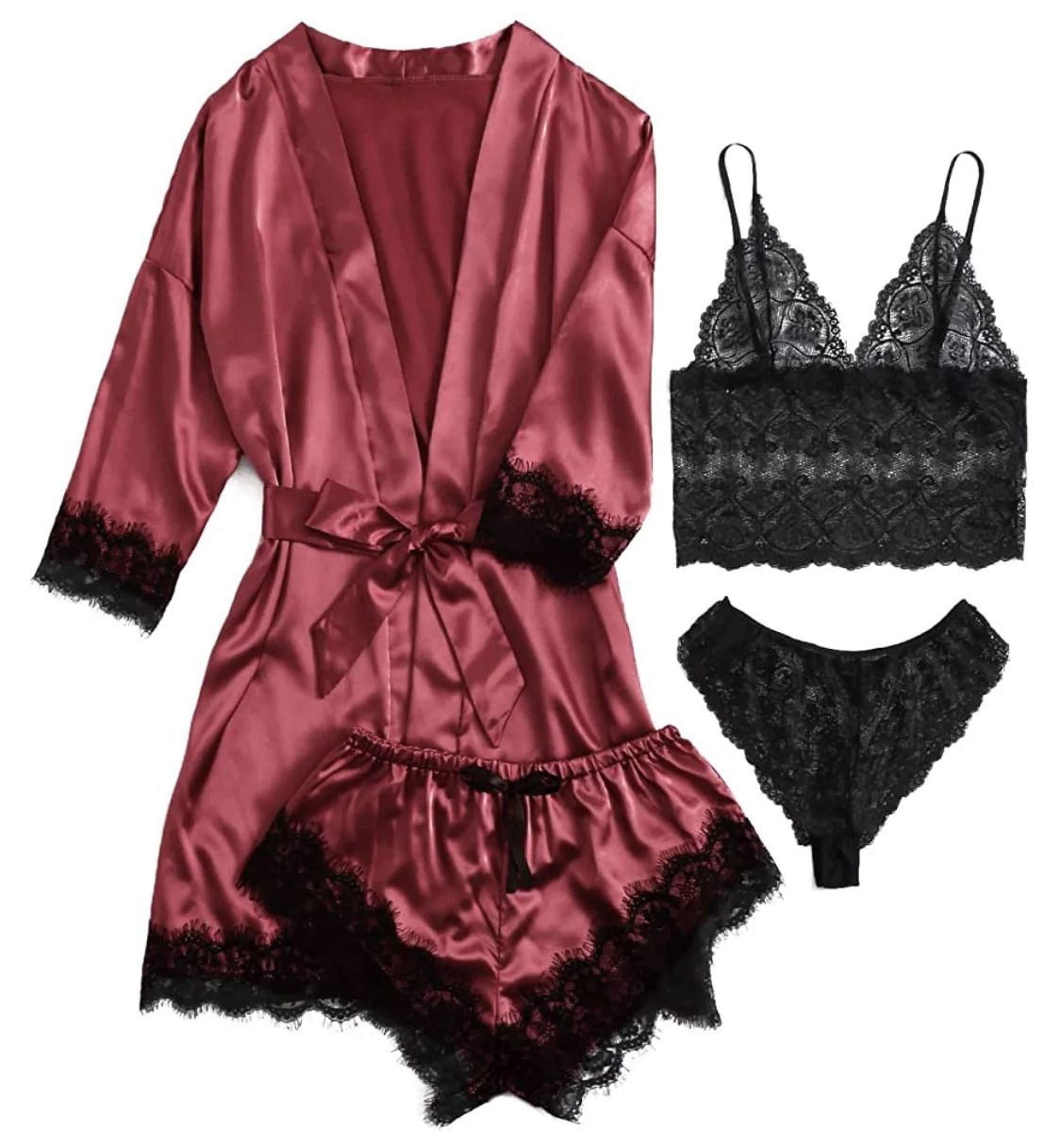 Womens 4Piece Lace Satin Pajama Set With Robe Cami Top  Shorts Loungewear 8