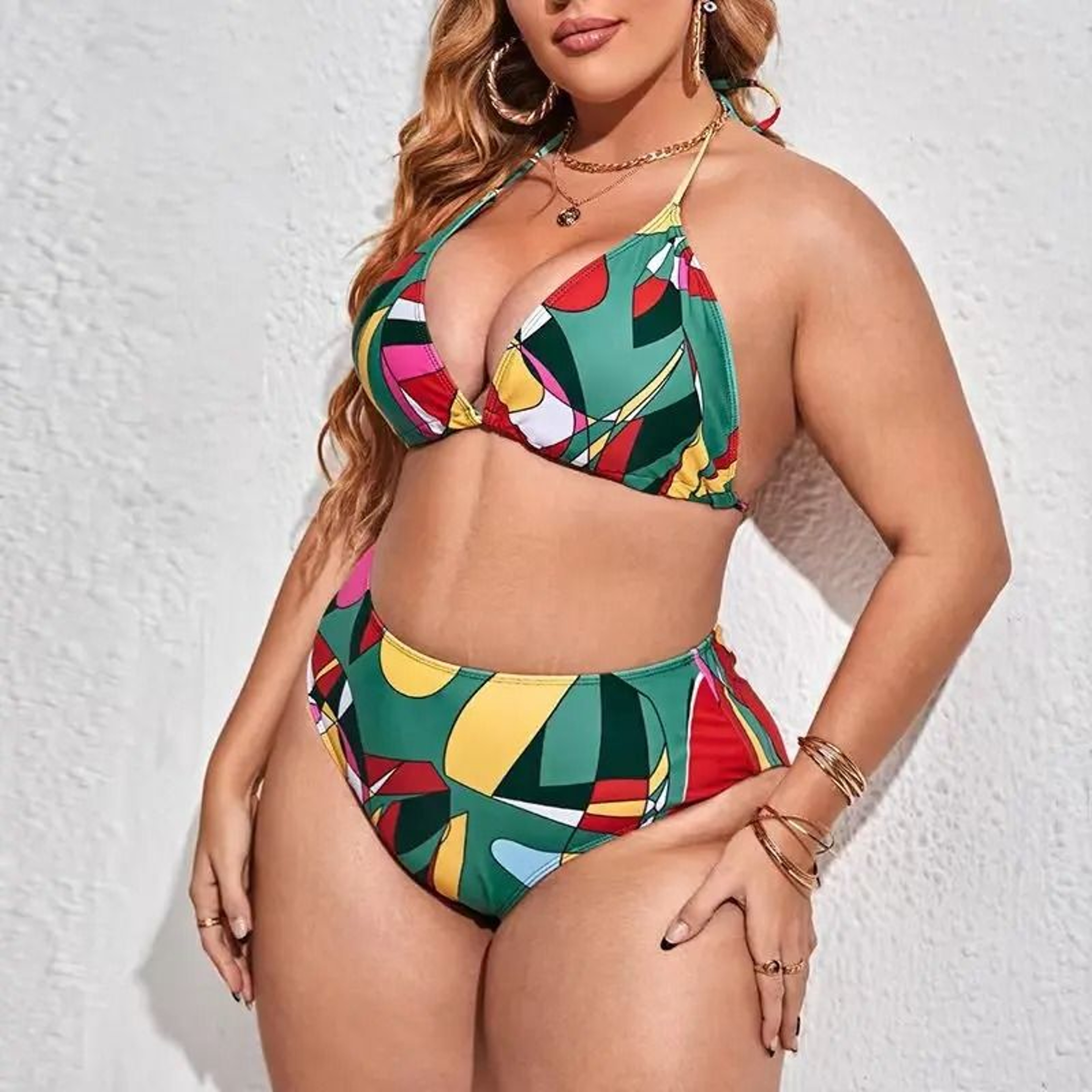 Womens 3Piece Plus Size Split Swimsuit Set With Digital Print Mesh Gauze Smock 5
