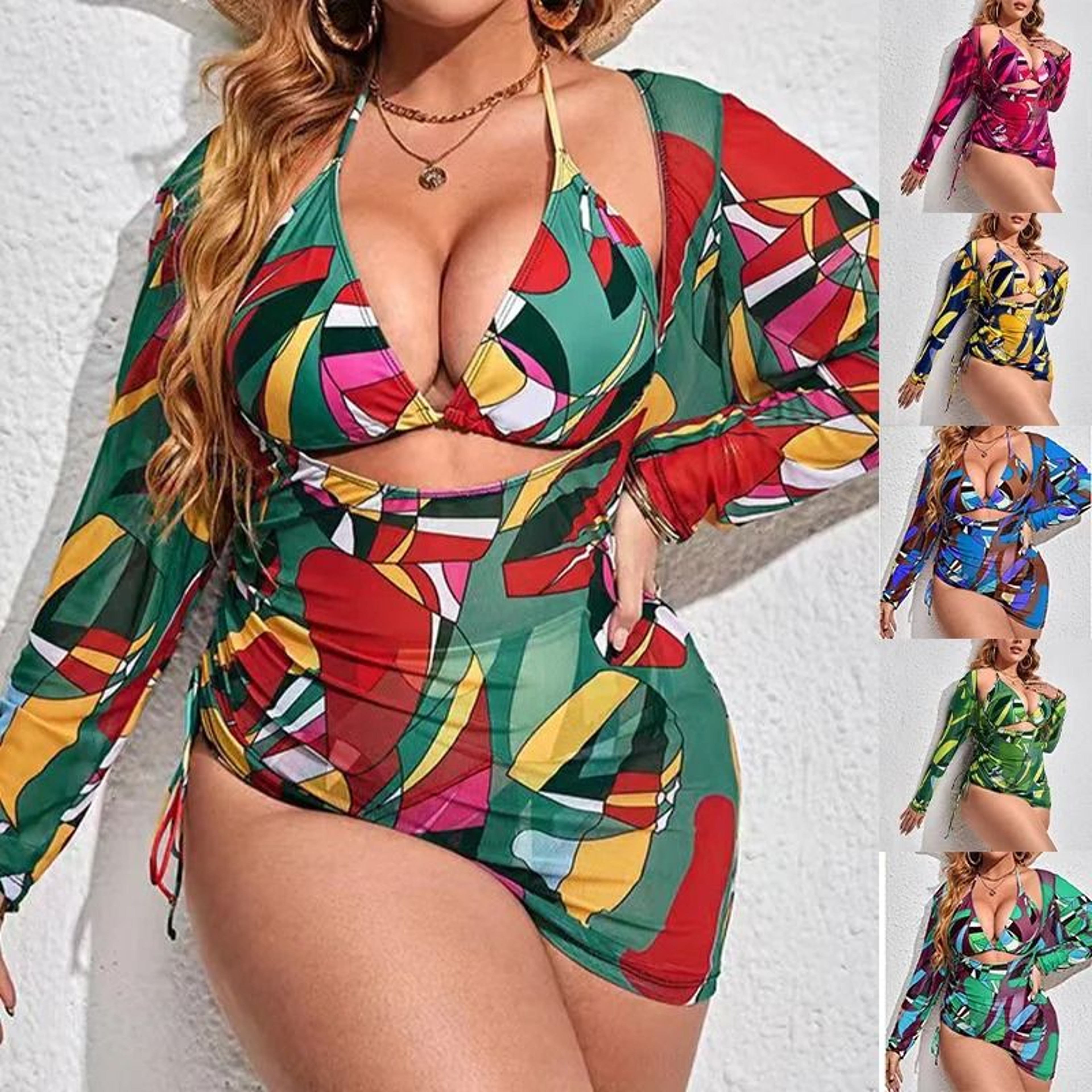 Womens 3Piece Plus Size Split Swimsuit Set With Digital Print Mesh Gauze Smock 0