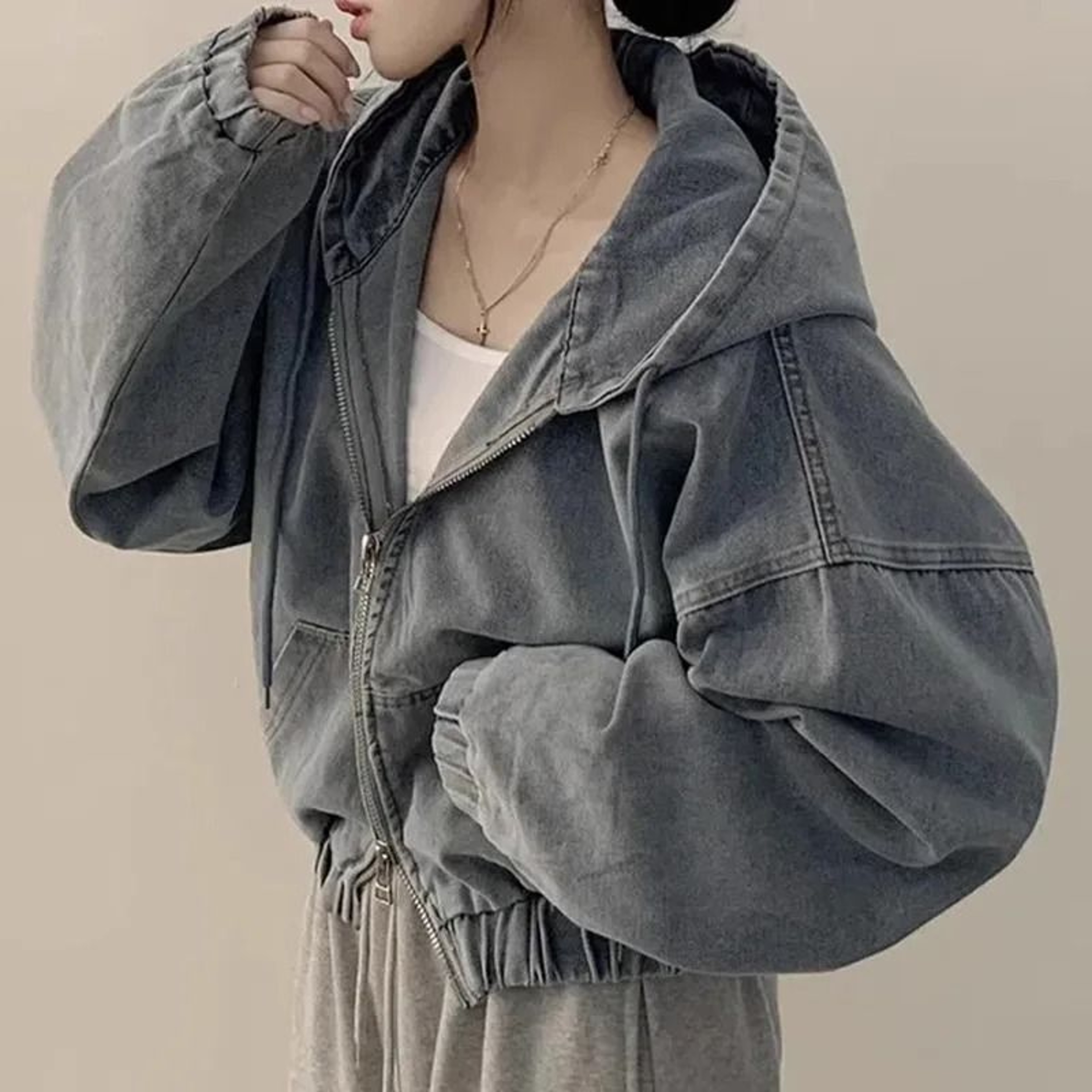 Korean Lazy Chic Autumn Retro Hooded Denim Jacket Loose Casual Short Light Jean Coat 1
