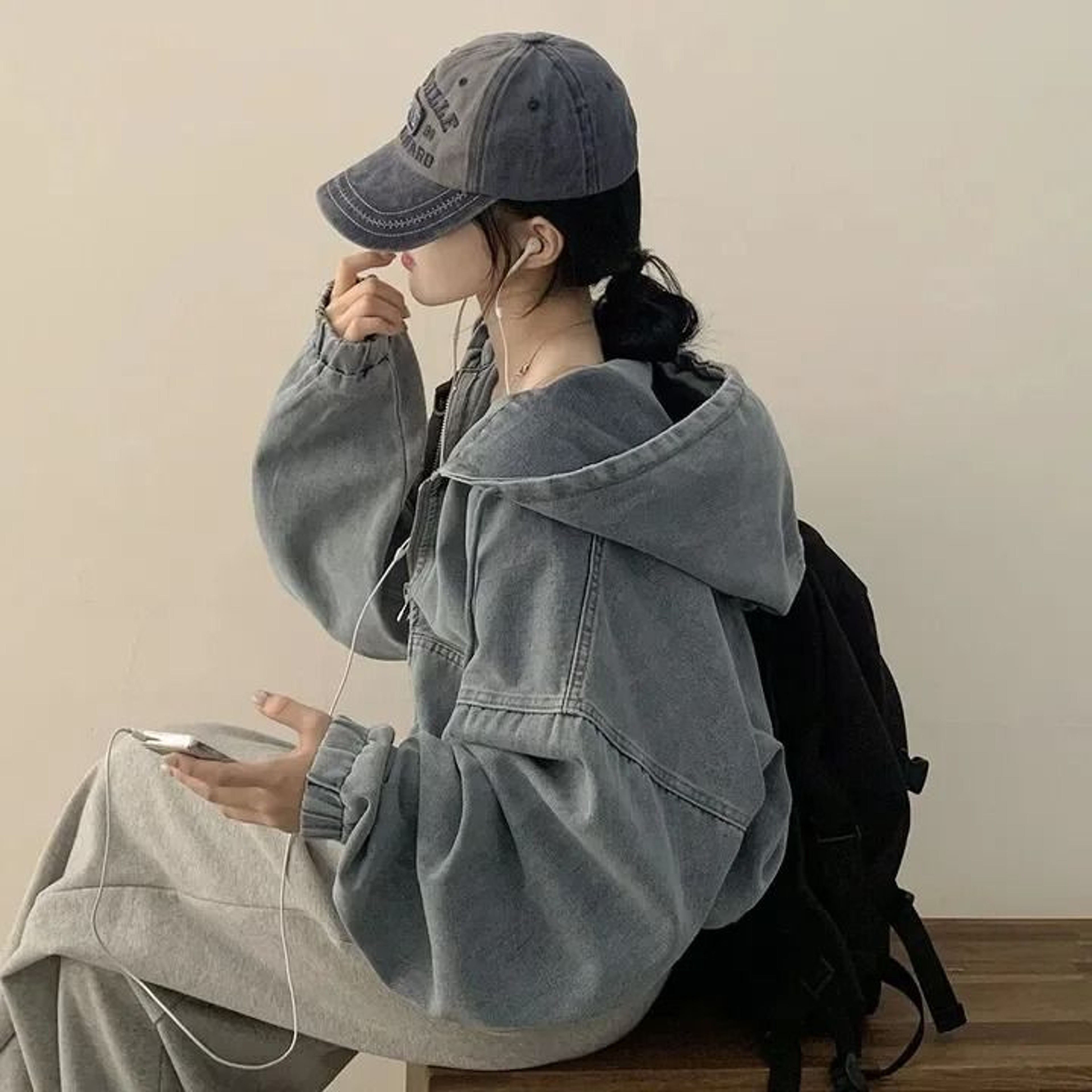 Korean Lazy Chic Autumn Retro Hooded Denim Jacket Loose Casual Short Light Jean Coat 3