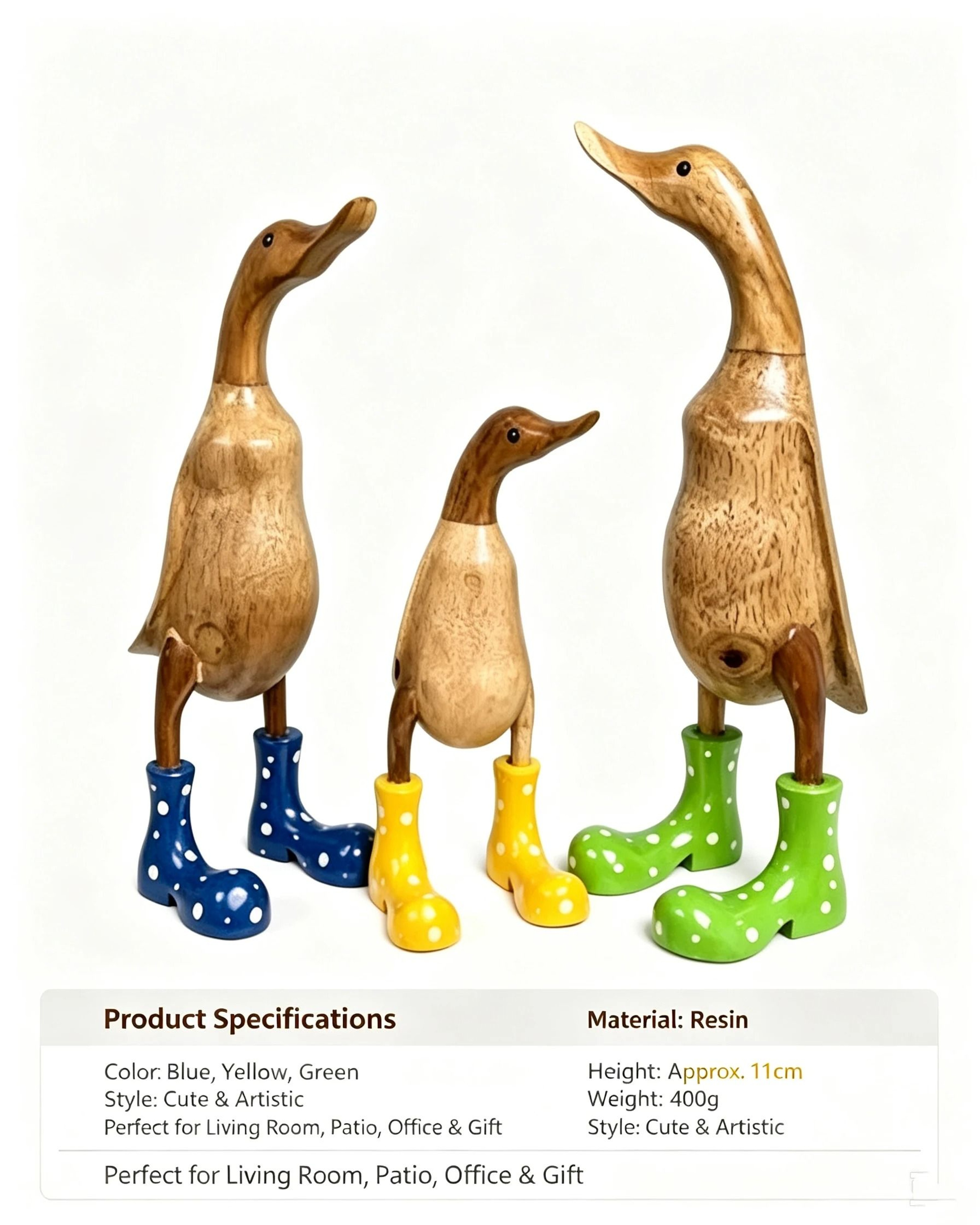 WoodGrain Duck Figurine With Rain Boots Whimsical Dotted Garden  Home Decor Sculpture 0