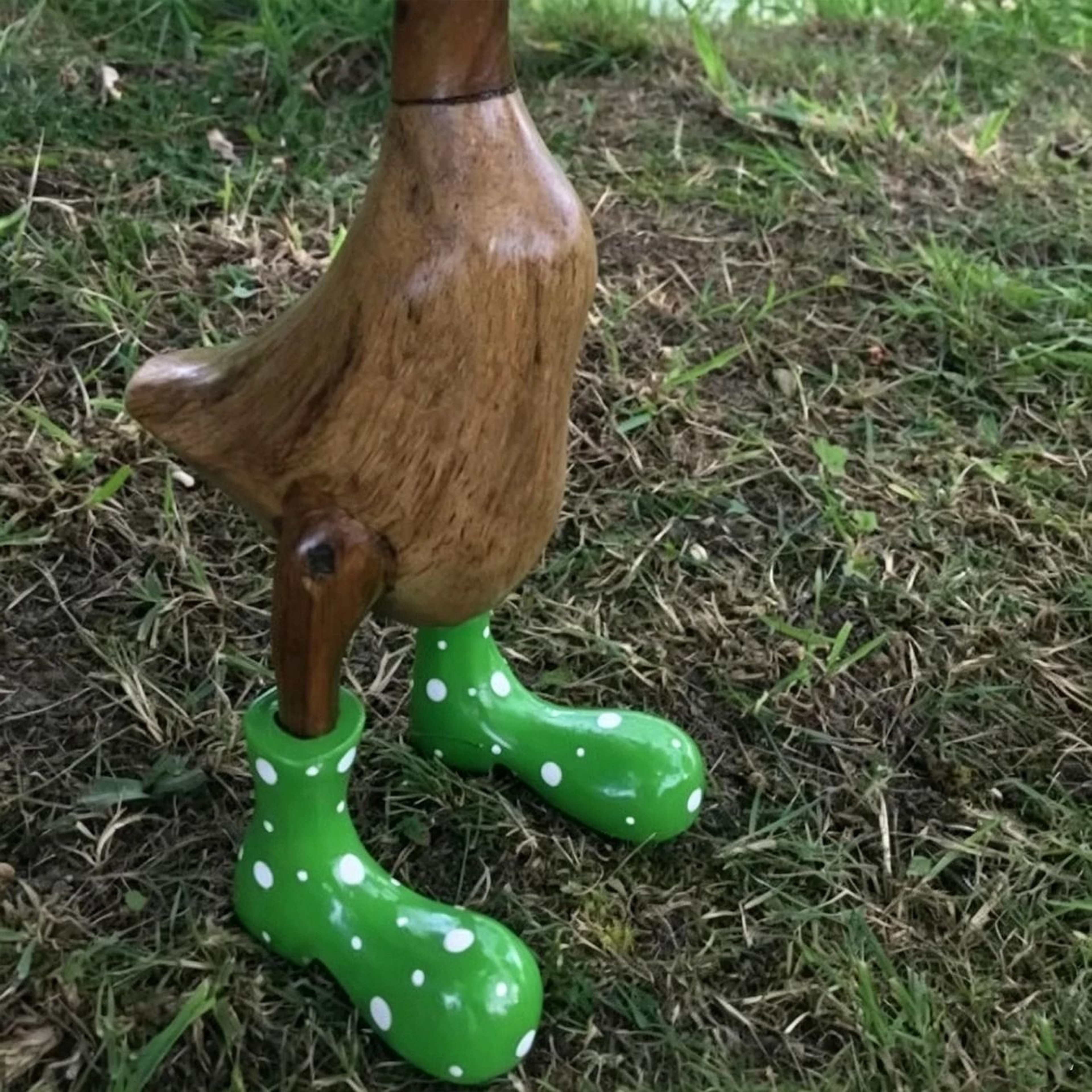 WoodGrain Duck Figurine With Rain Boots Whimsical Dotted Garden  Home Decor Sculpture 4