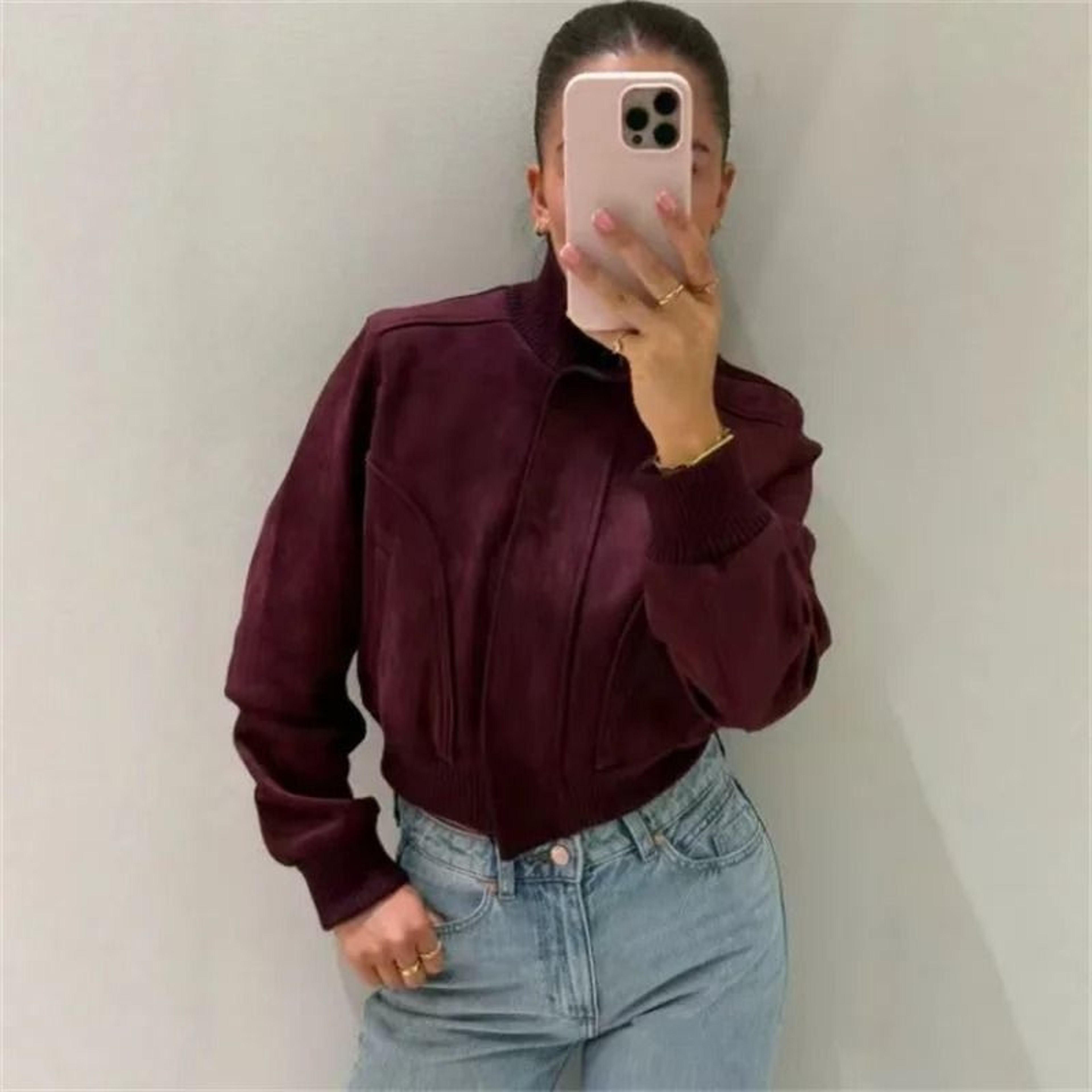 Womens Ribbed Stand Collar Cropped Jacket Retro HighWaist Casual Short Coat 3