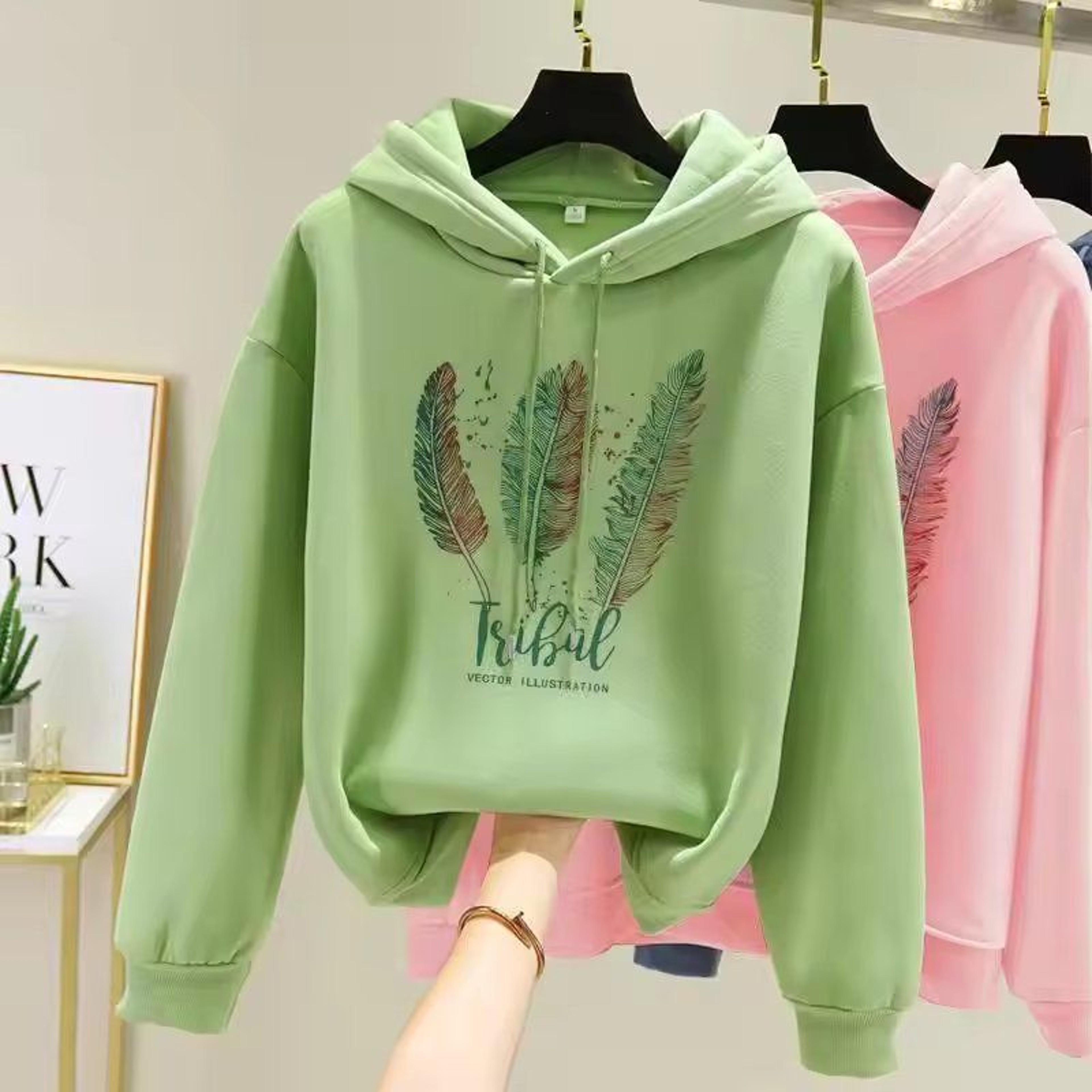 Womens Feather Printed Fleece Hoodie Autumn Winter Casual Loose Pullover Sweatshirt 1