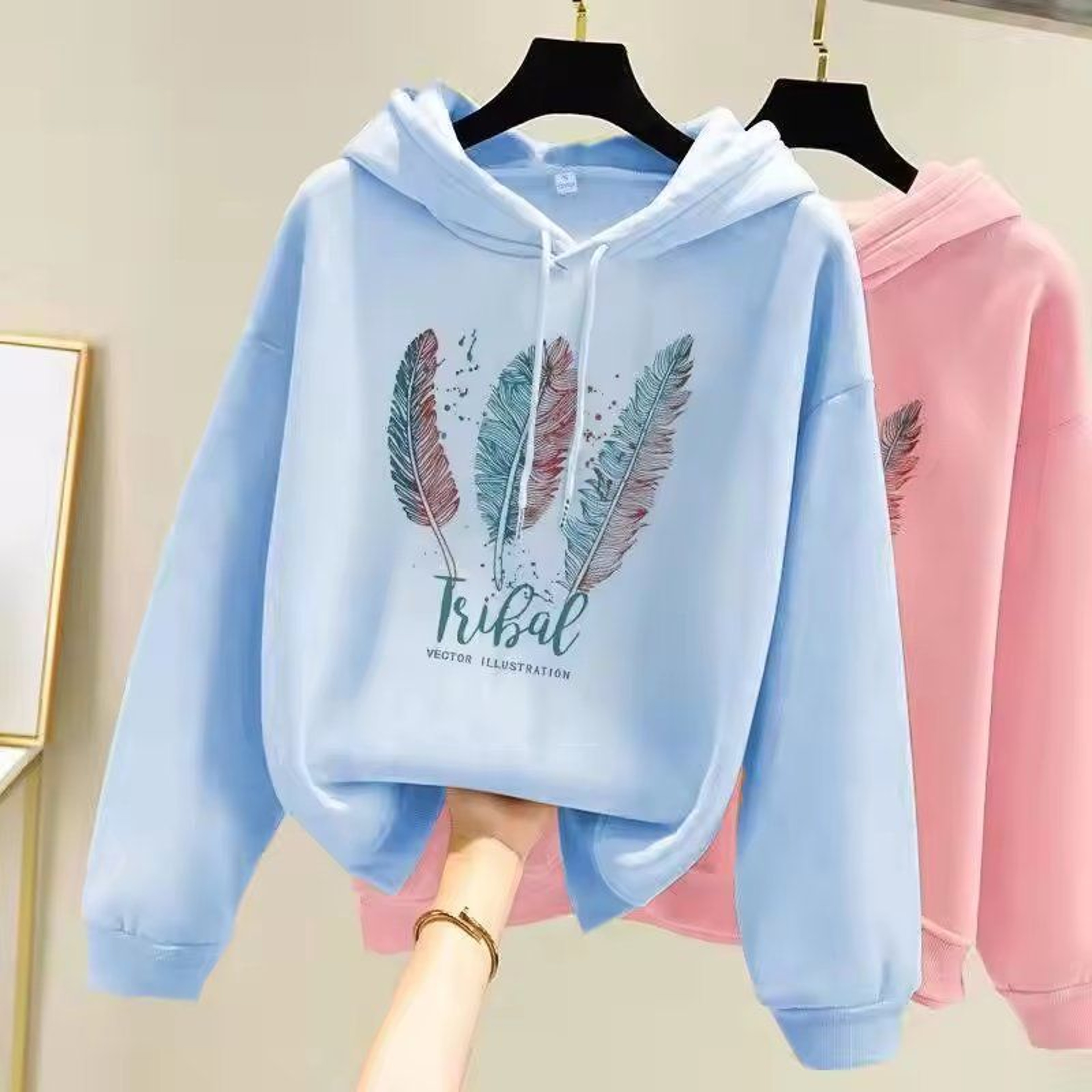 Womens Feather Printed Fleece Hoodie Autumn Winter Casual Loose Pullover Sweatshirt 7