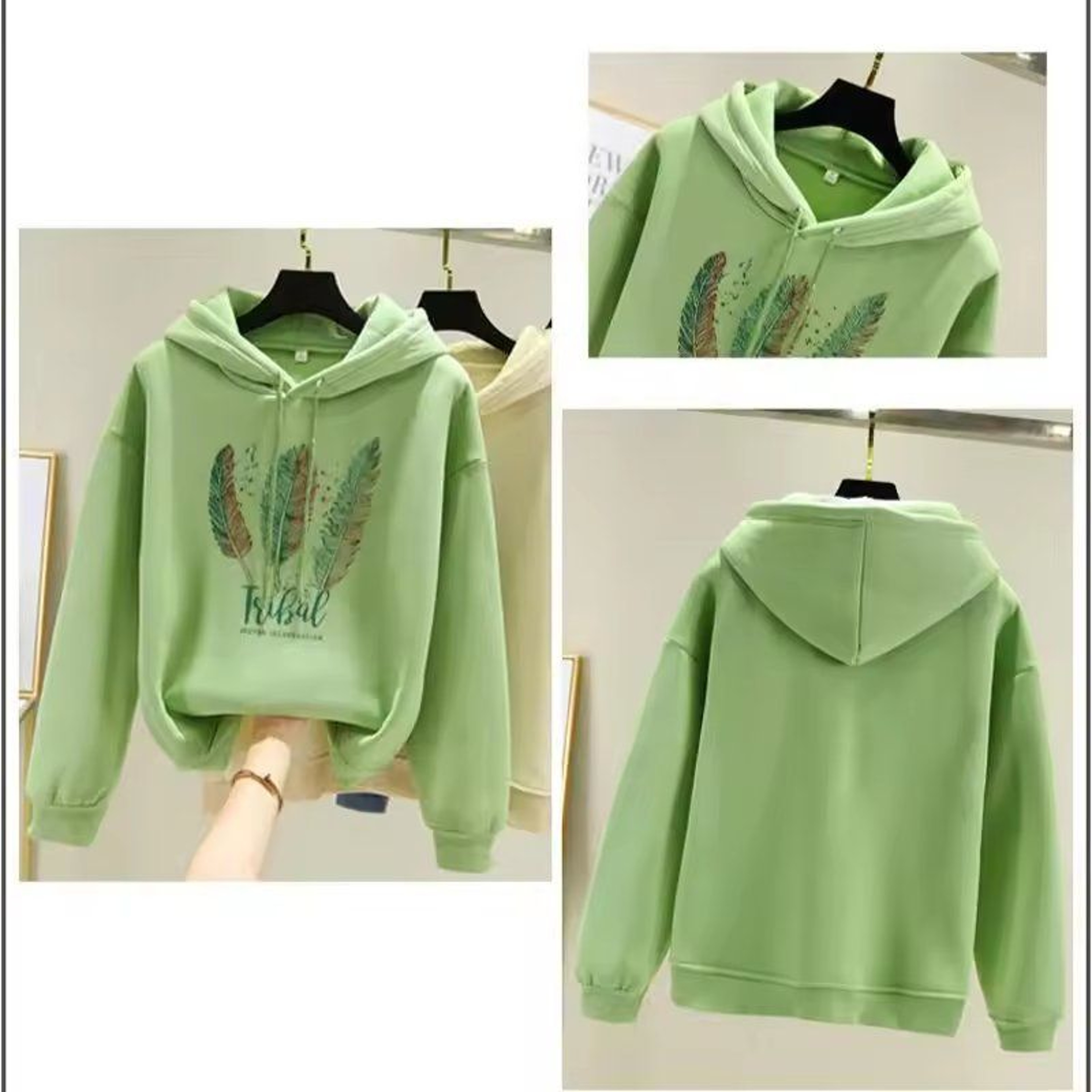 Womens Feather Printed Fleece Hoodie Autumn Winter Casual Loose Pullover Sweatshirt 3