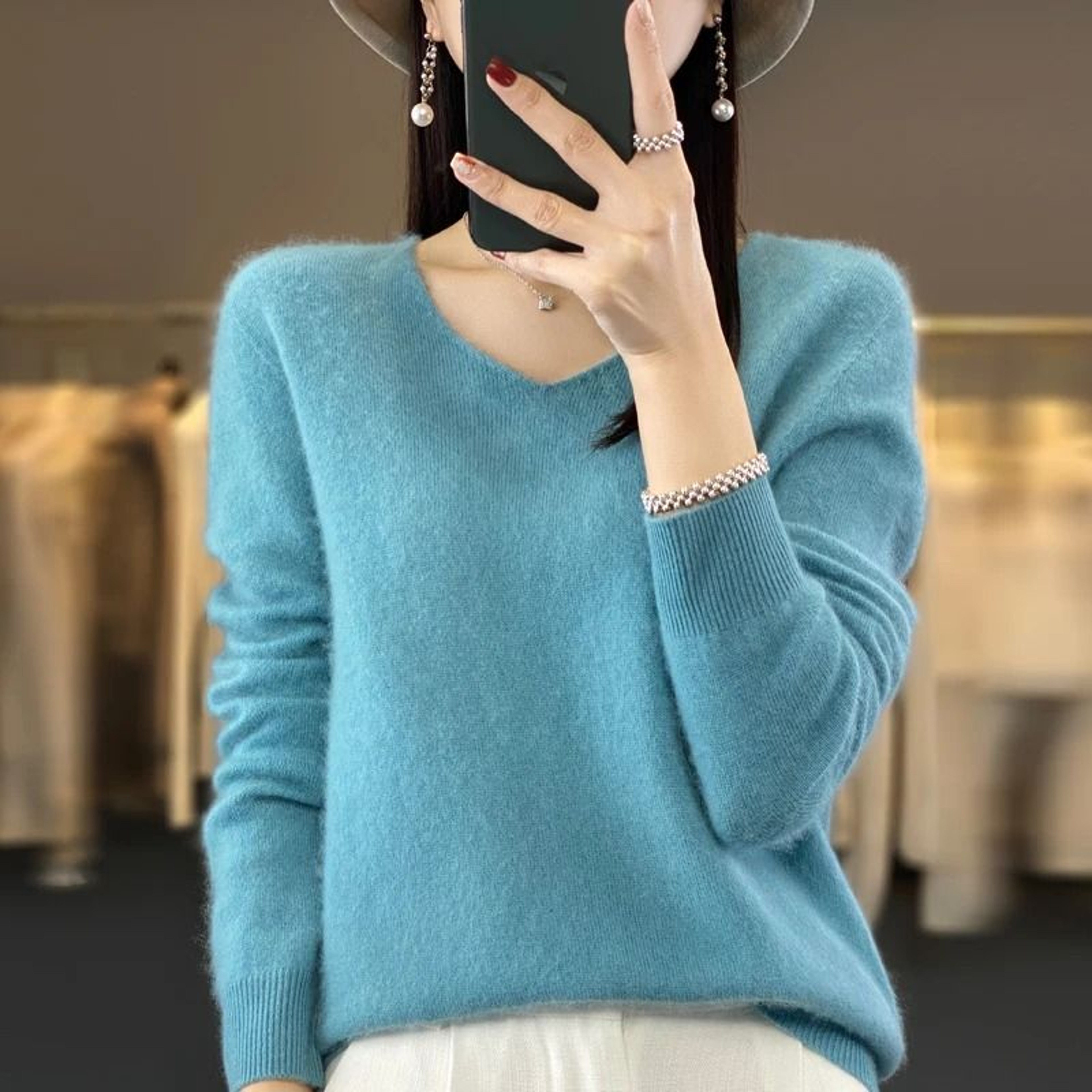 Womens 100 Pure Wool Cashmere VNeck Sweater Casual Knit Pullover Top 0