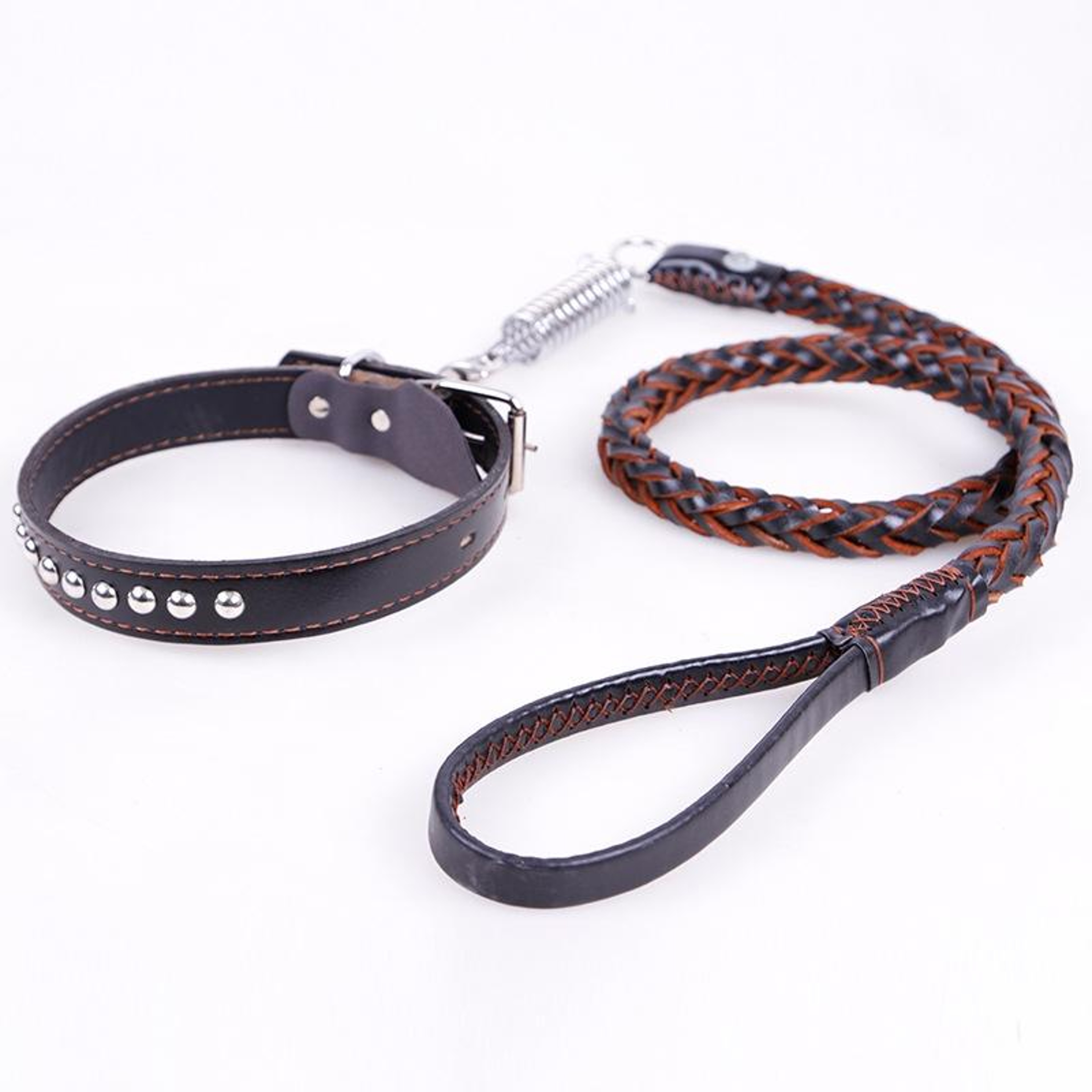 Heavy Duty Leather Dog Collar And Leash Set With Shock Absorbing Dog Leash Genuine Cowhide For Medi 1
