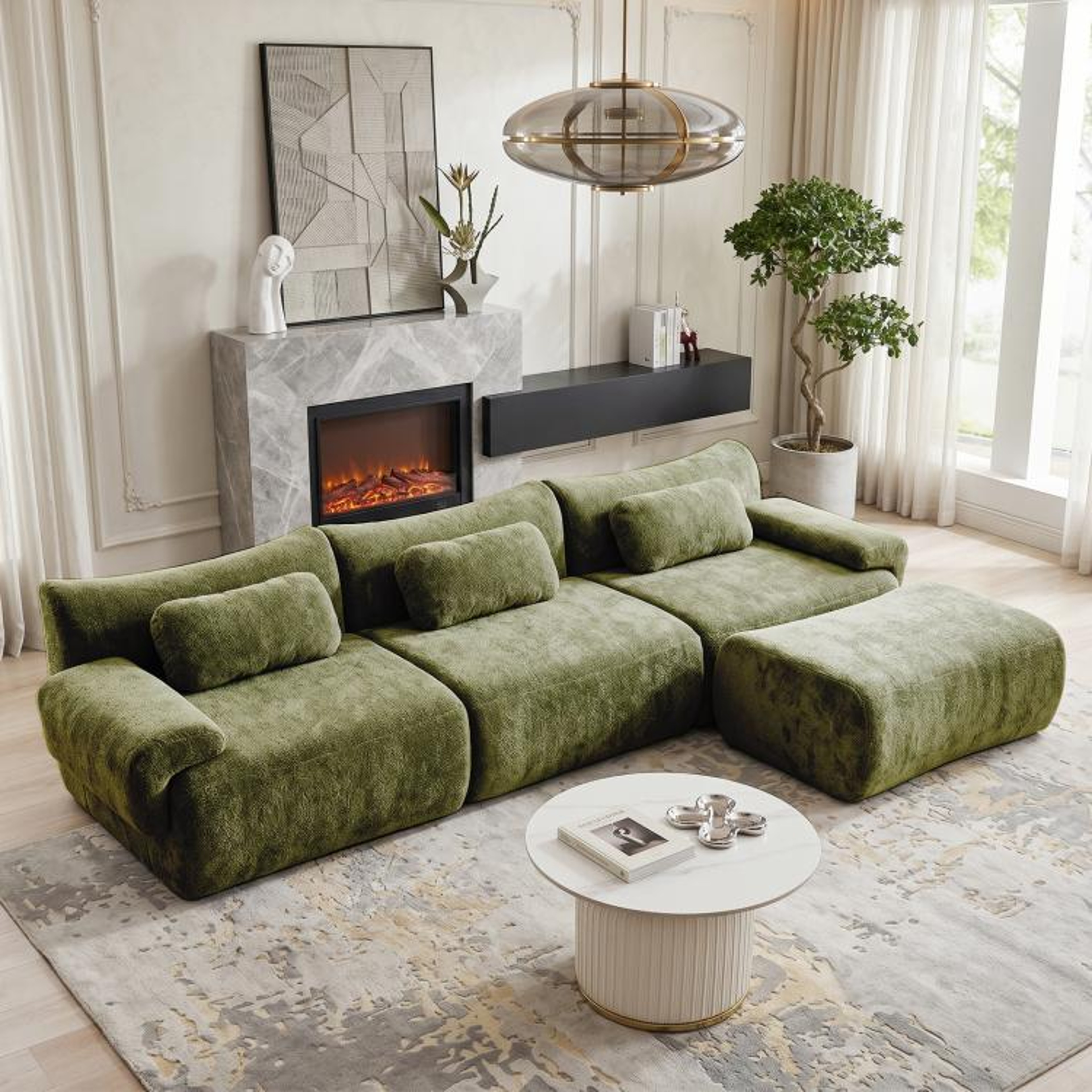 126Inch LShaped Modular Sectional Sofa With Chenille Upholstery  Green 0