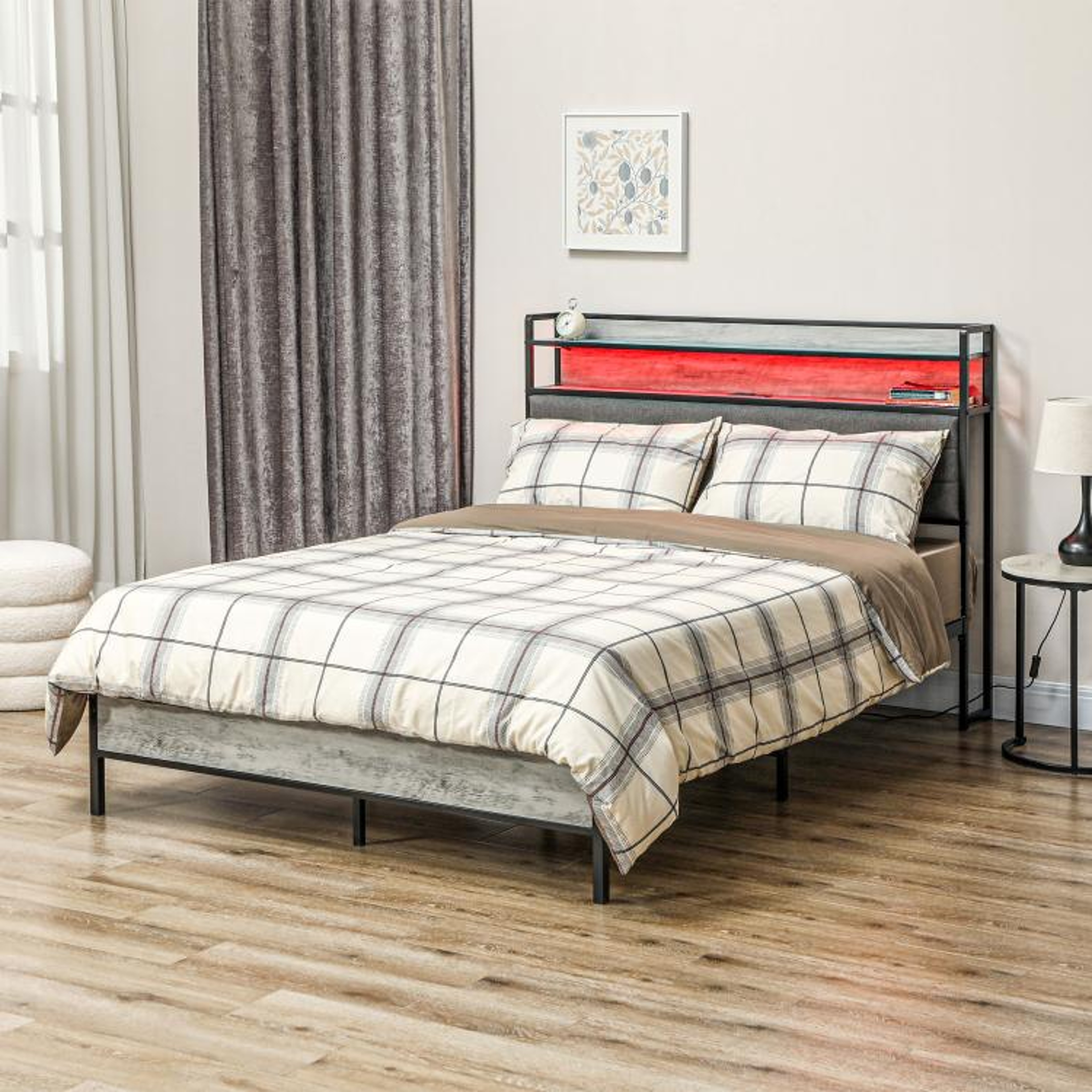 Full Size Bed Frame With LED Lights Storage Headboard And Charging Station  Cement Gray 0