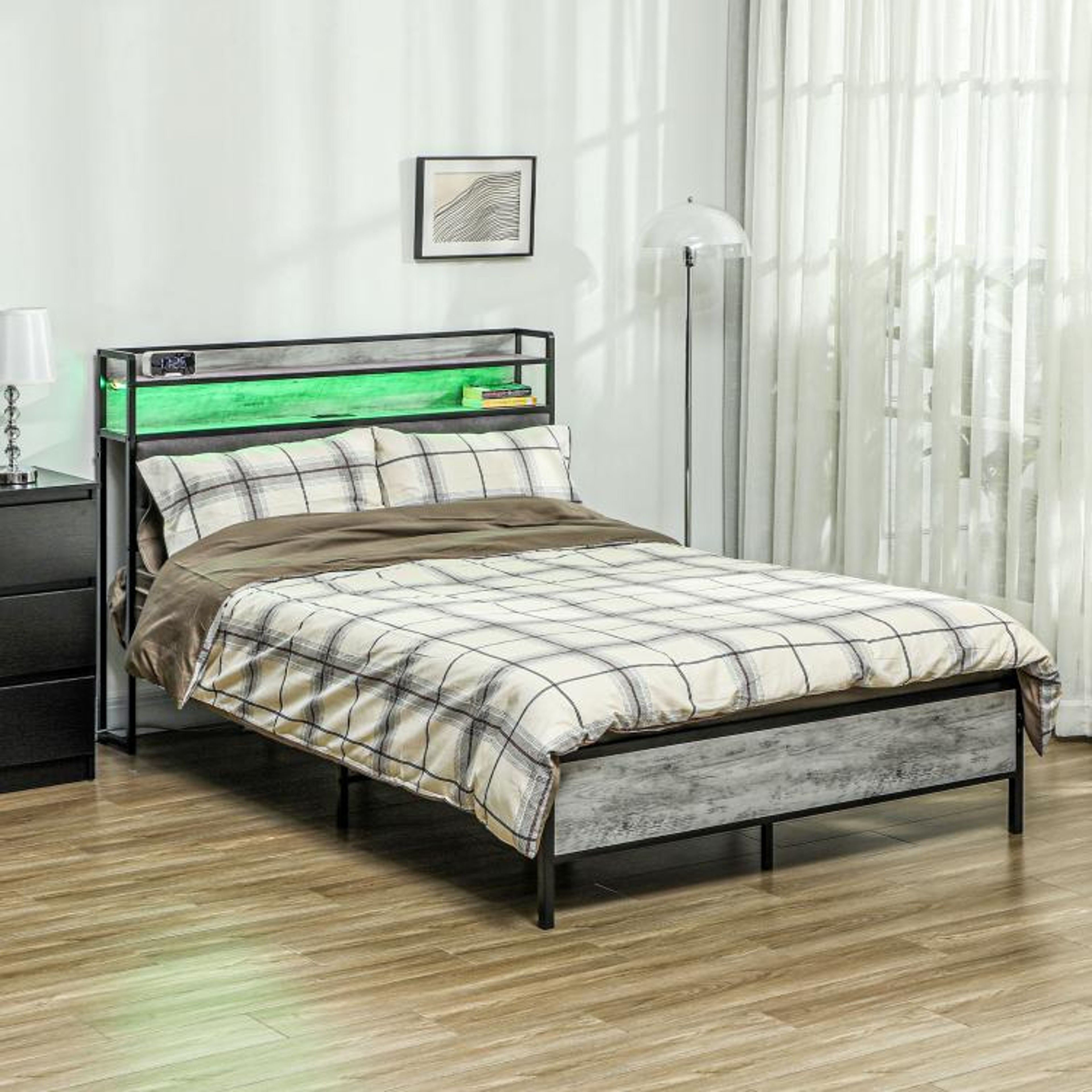 Full Size Bed Frame With LED Lights Storage Headboard And Charging Station  Cement Gray 2
