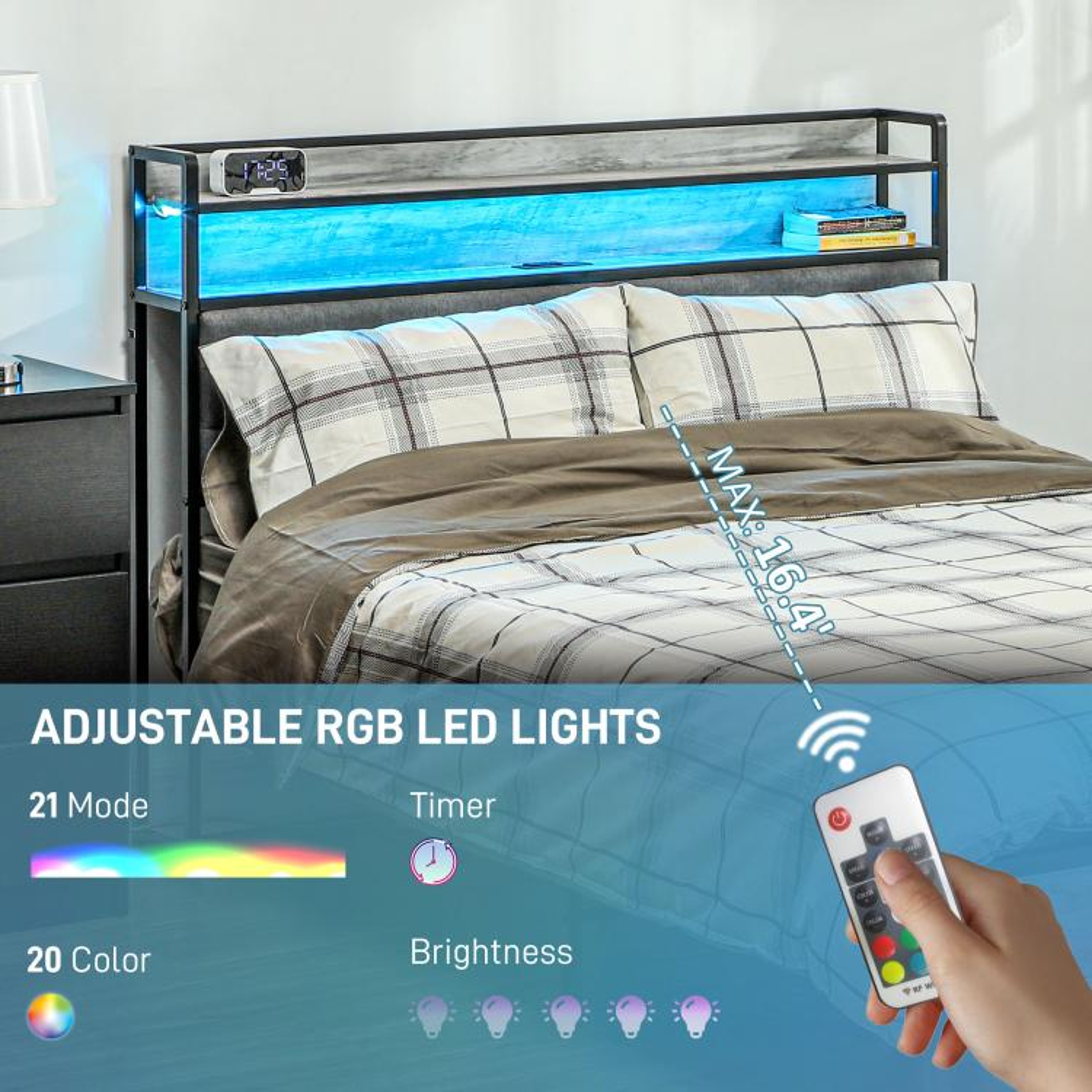Full Size Bed Frame With LED Lights Storage Headboard And Charging Station  Cement Gray 3