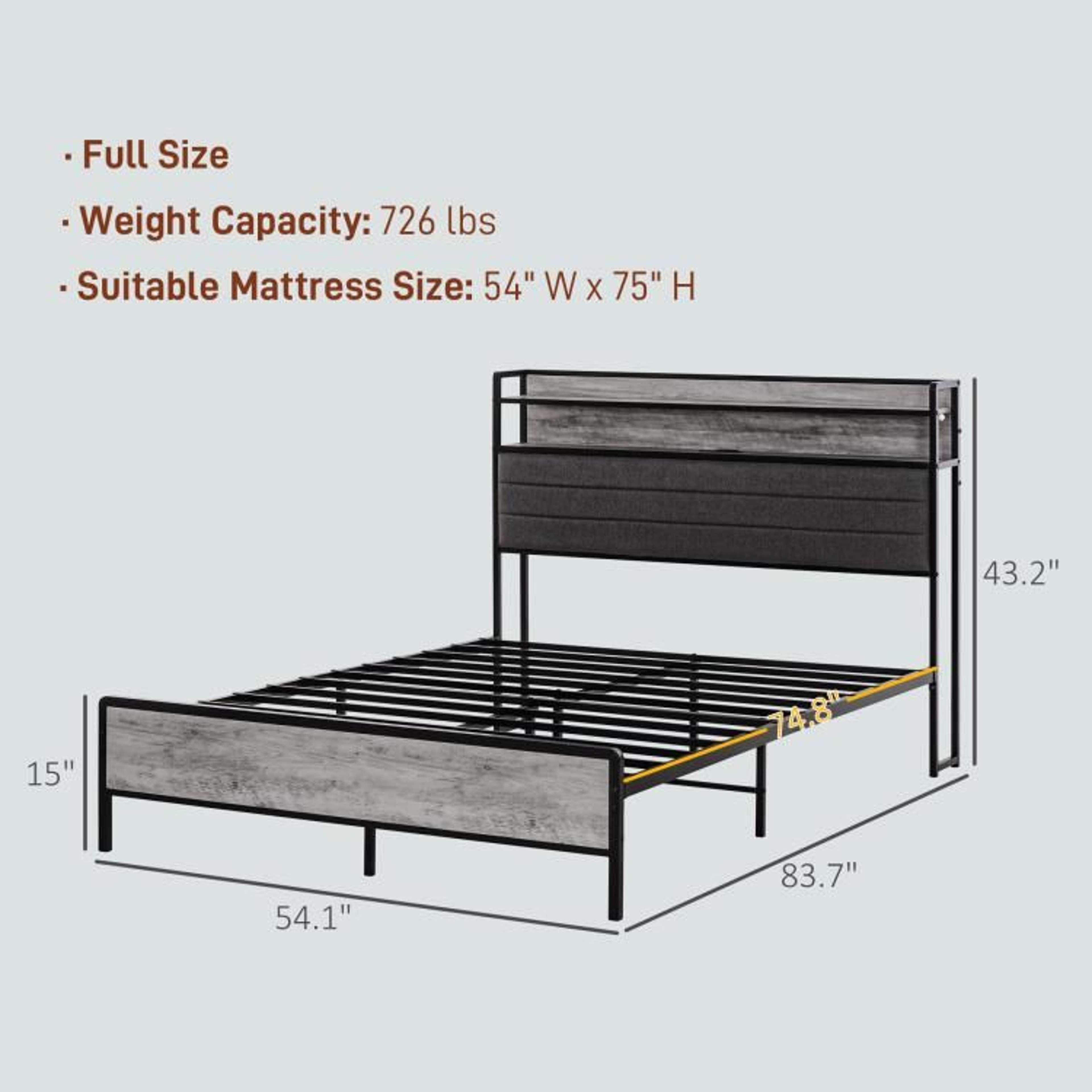 Full Size Bed Frame With LED Lights Storage Headboard And Charging Station  Cement Gray 4