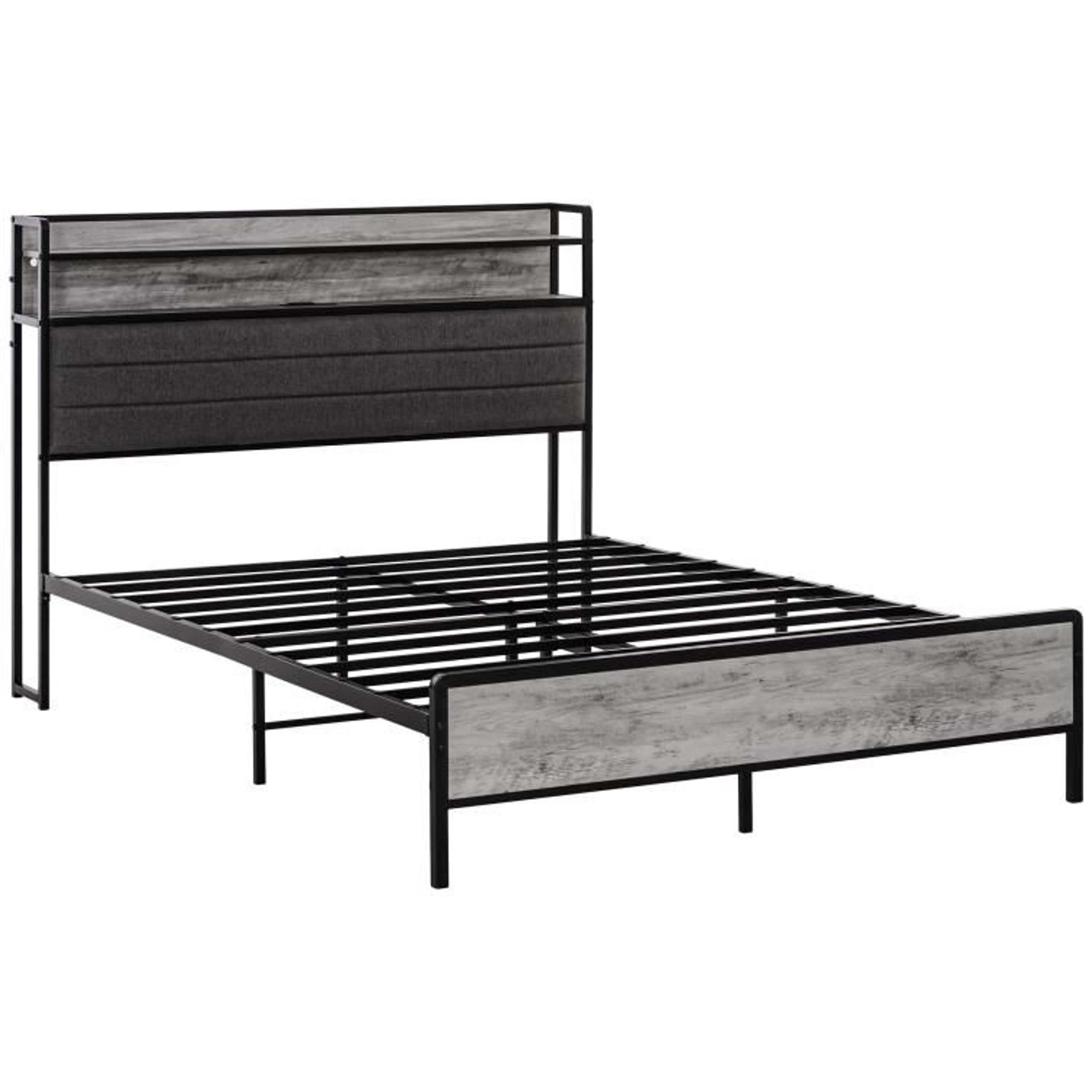 Full Size Bed Frame With LED Lights Storage Headboard And Charging Station  Cement Gray 7
