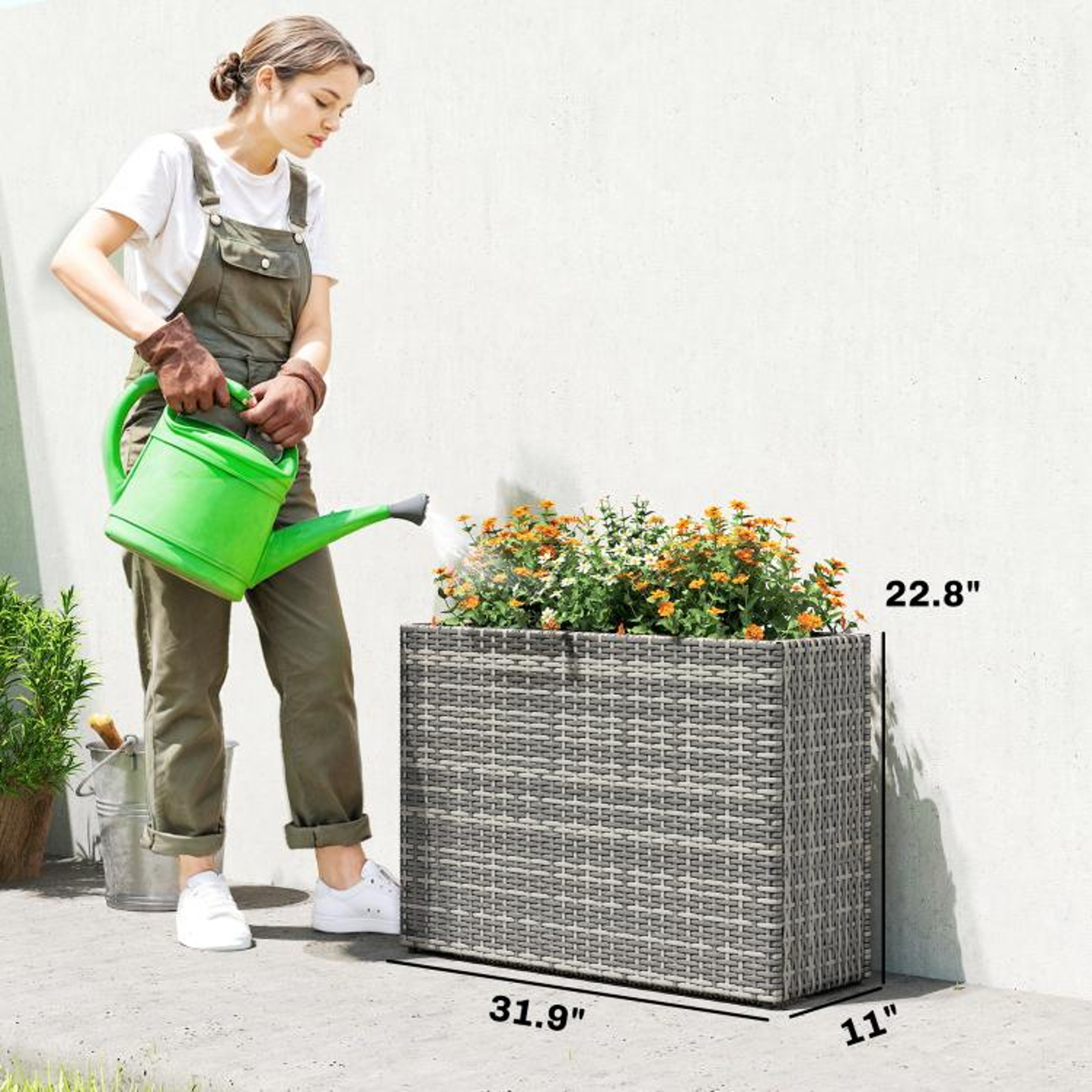 Tall Rectangular Planter Box With Removable Liner And Drainage Holes  Gray 4
