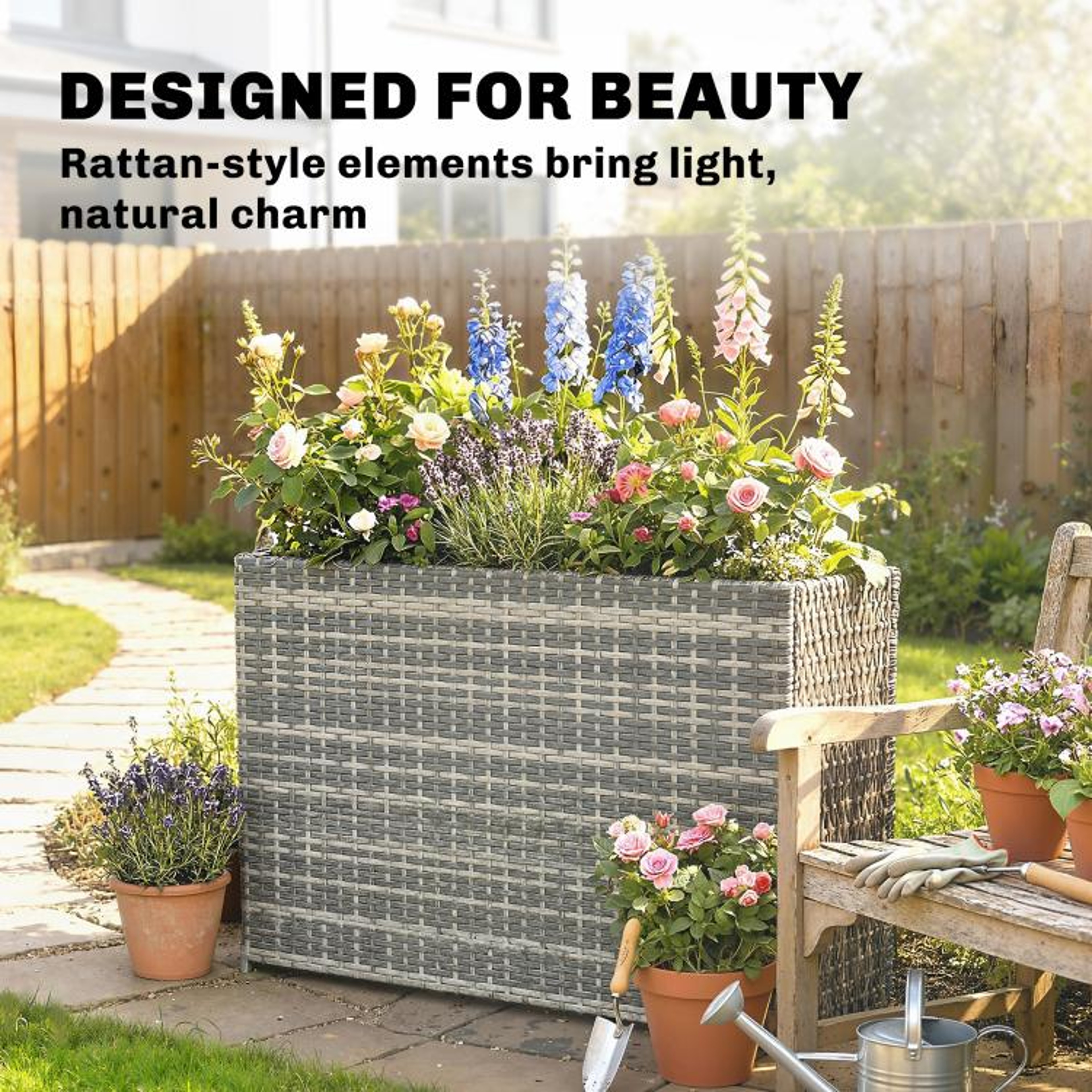 Tall Rectangular Planter Box With Removable Liner And Drainage Holes  Gray 6