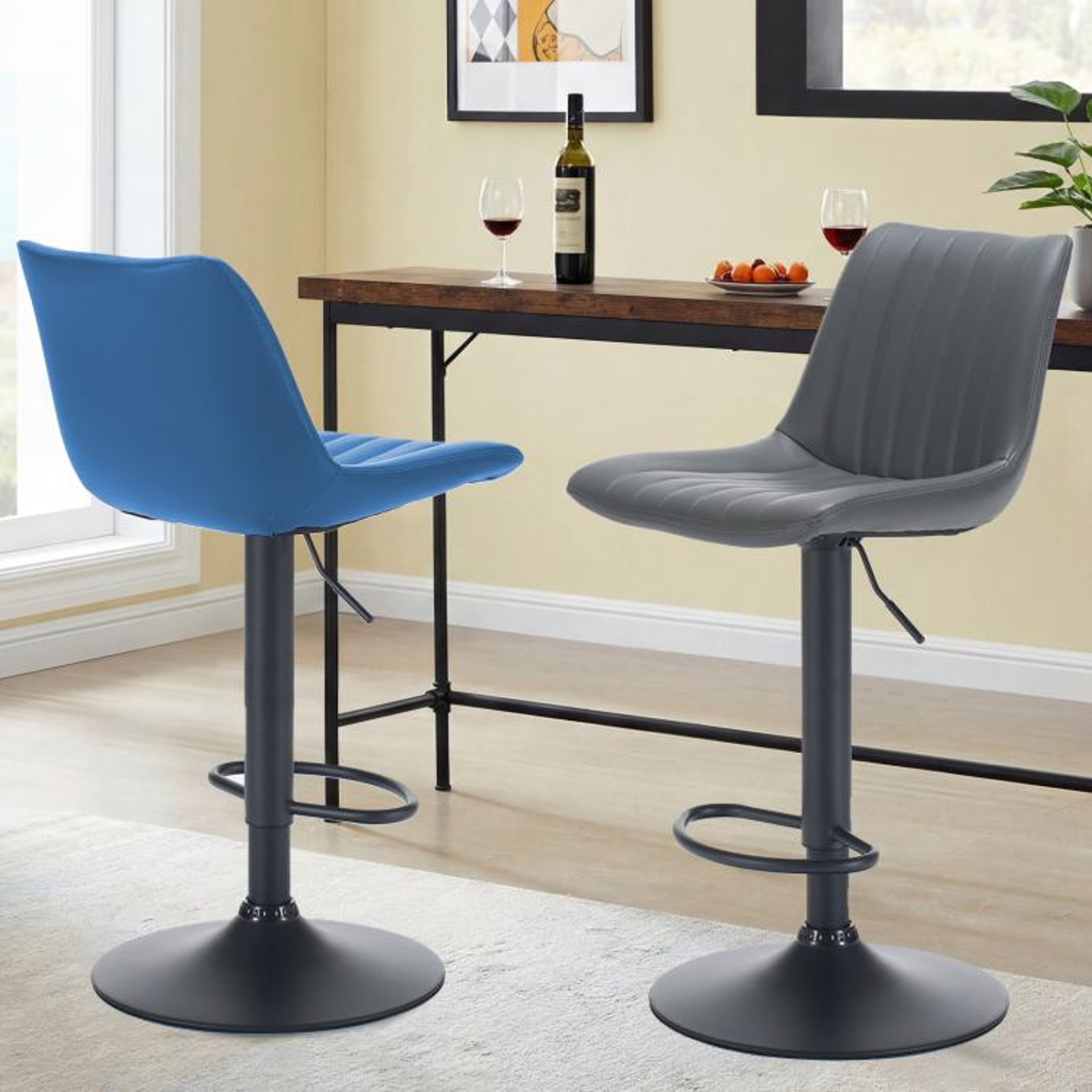 Adjustable Swivel Bar Stools Set Of 2 With Backs And Footrests Grey Faux Leather 1