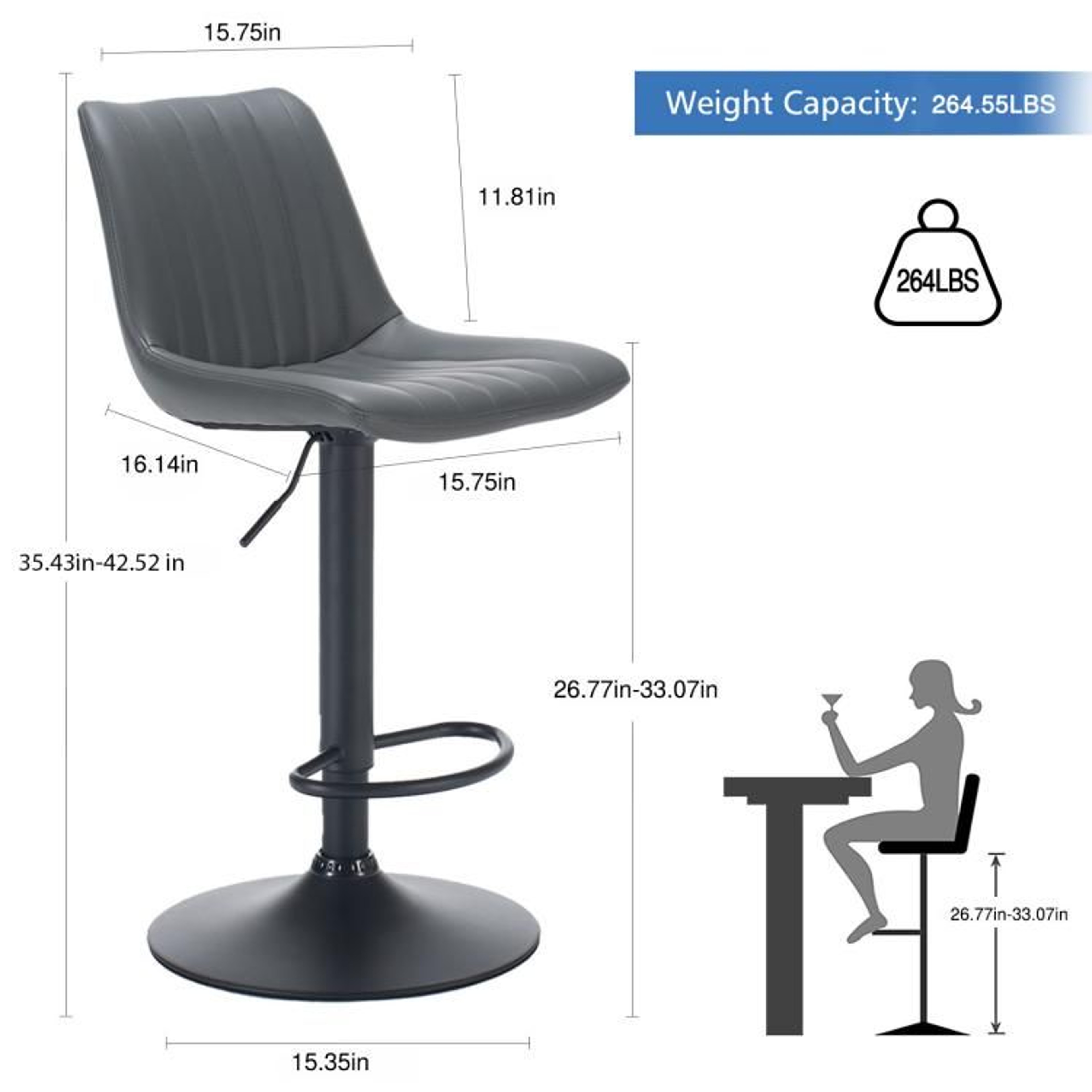 Adjustable Swivel Bar Stools Set Of 2 With Backs And Footrests Grey Faux Leather 3