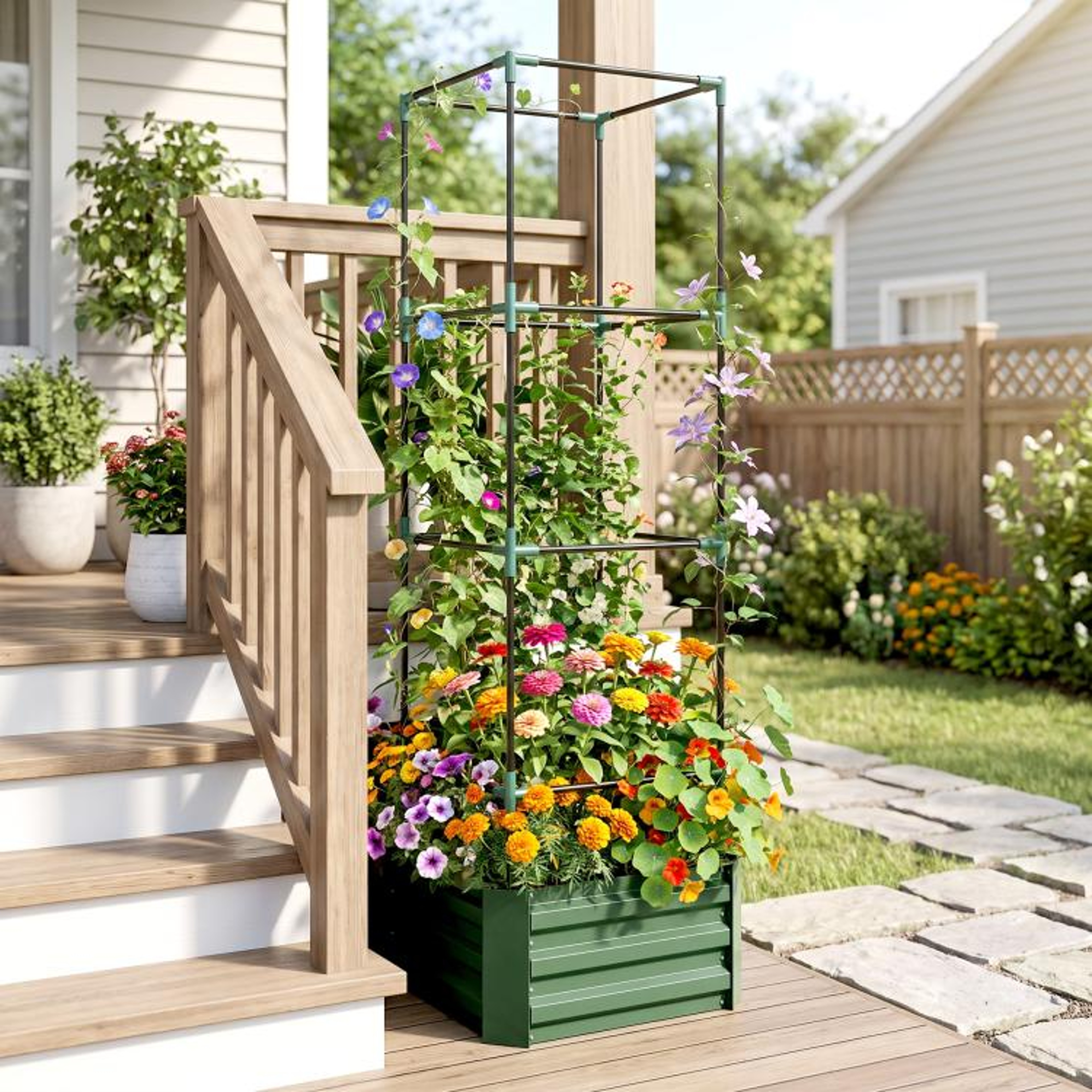 Galvanized Raised Garden Bed With Adjustable Tomato Trellis Cage  Green 5