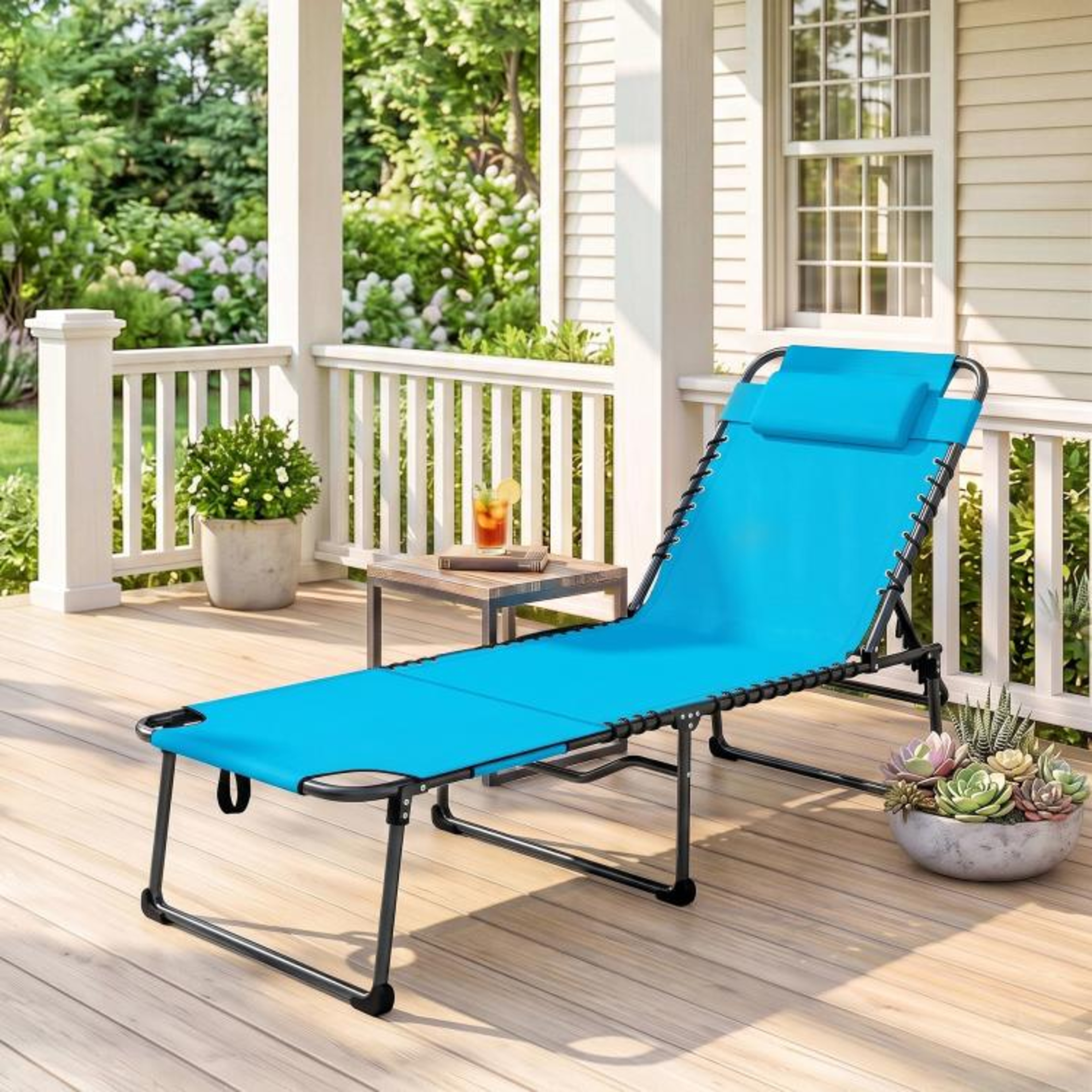 Folding Tanning Lounge Chair With 5Position Reclining Back And Face Hole  Blue 3