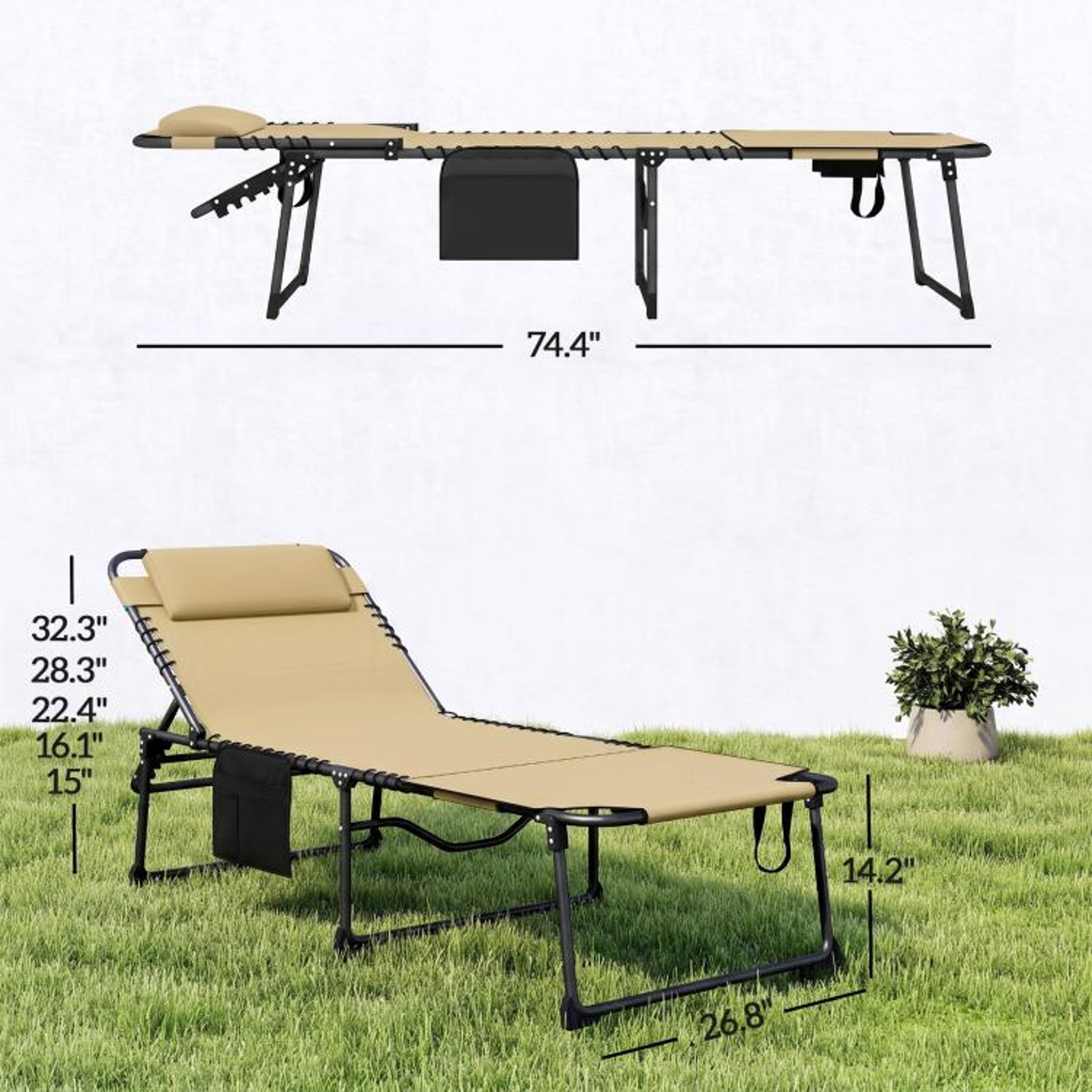Folding Tanning Lounge Chair With 5Position Reclining Back And Face Hole Beige 3