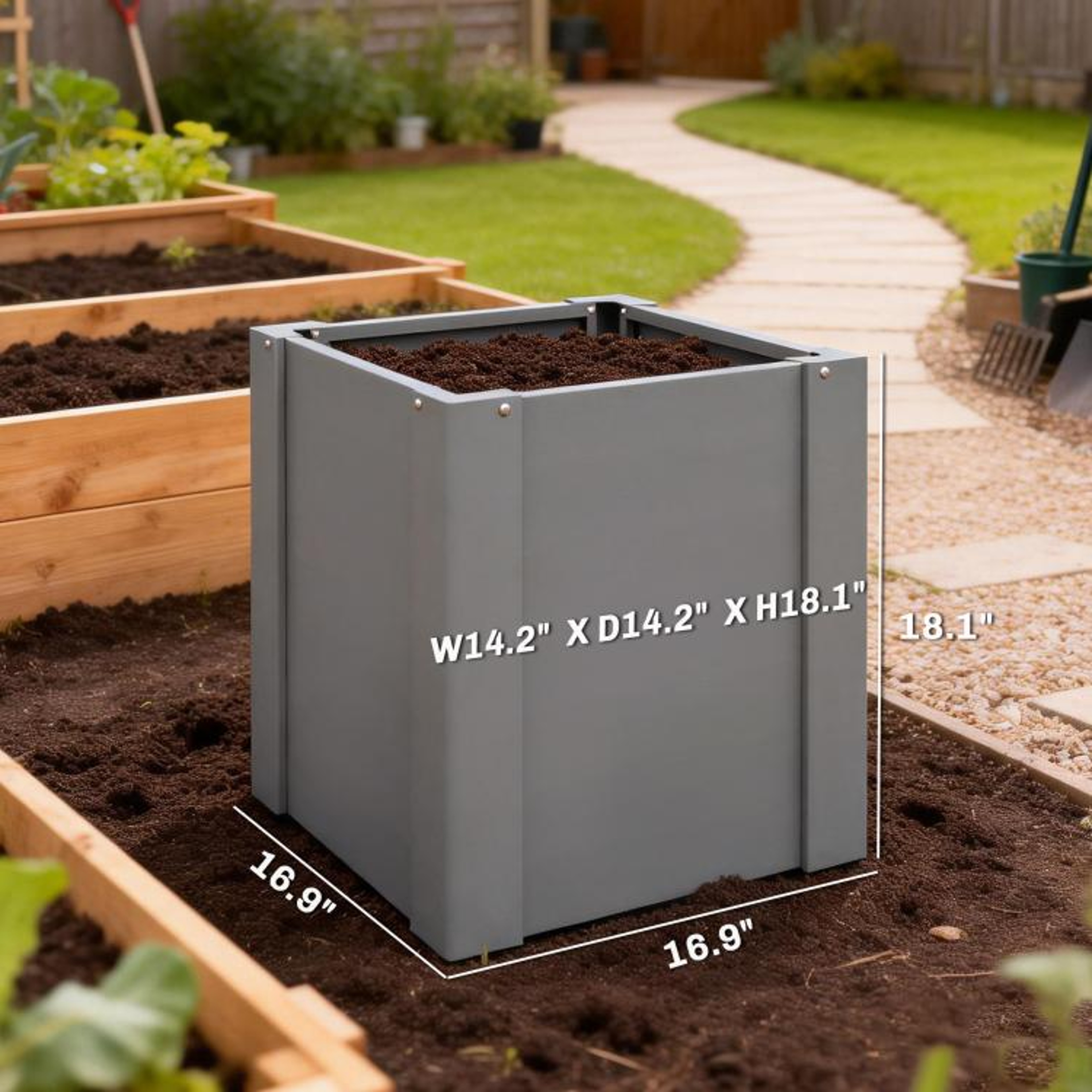 Galvanized Steel Raised Garden Bed With Open Bottom And Gardening Gloves Gray 3