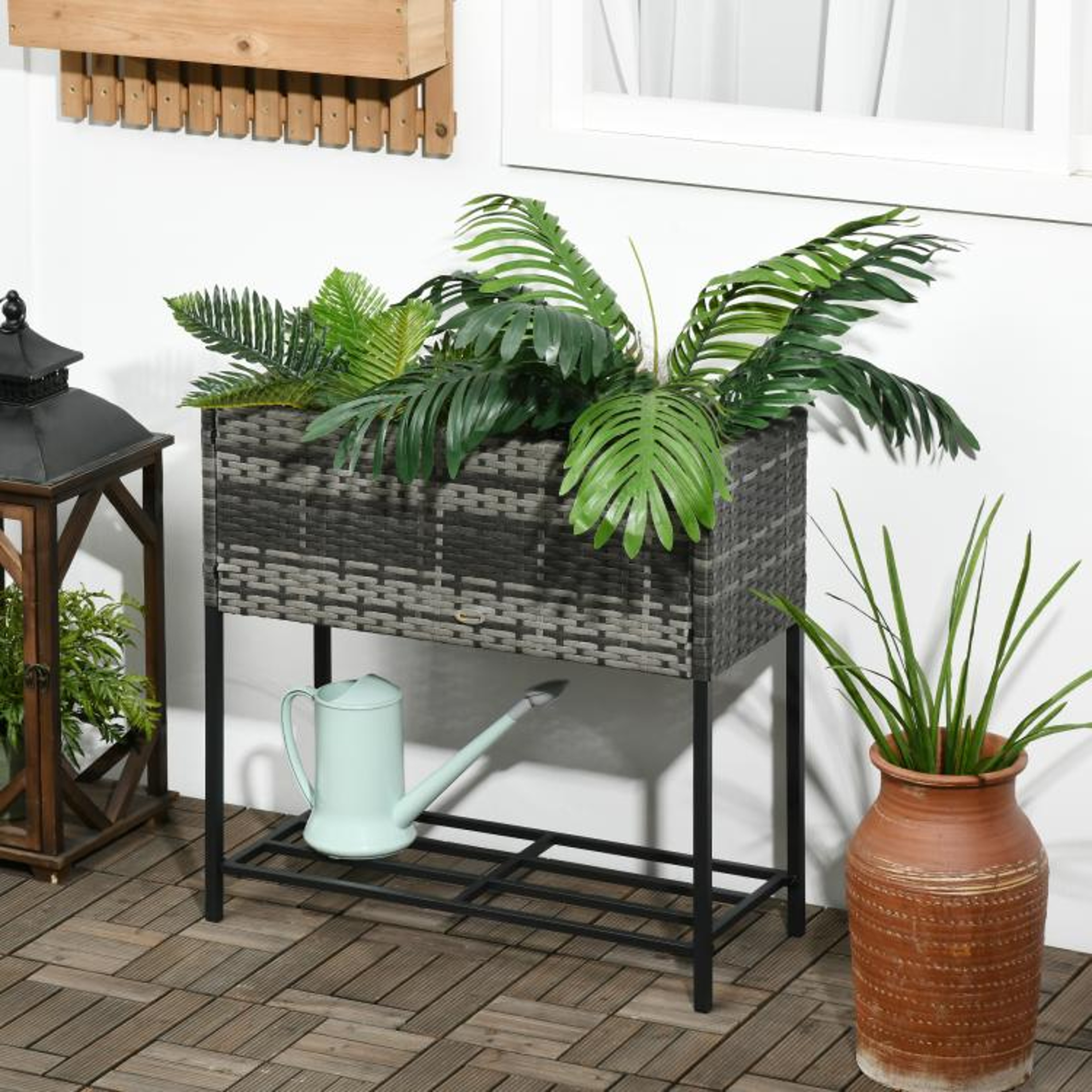 Raised Garden Bed With Rattan Wicker Look And Storage Shelf  Gray 2