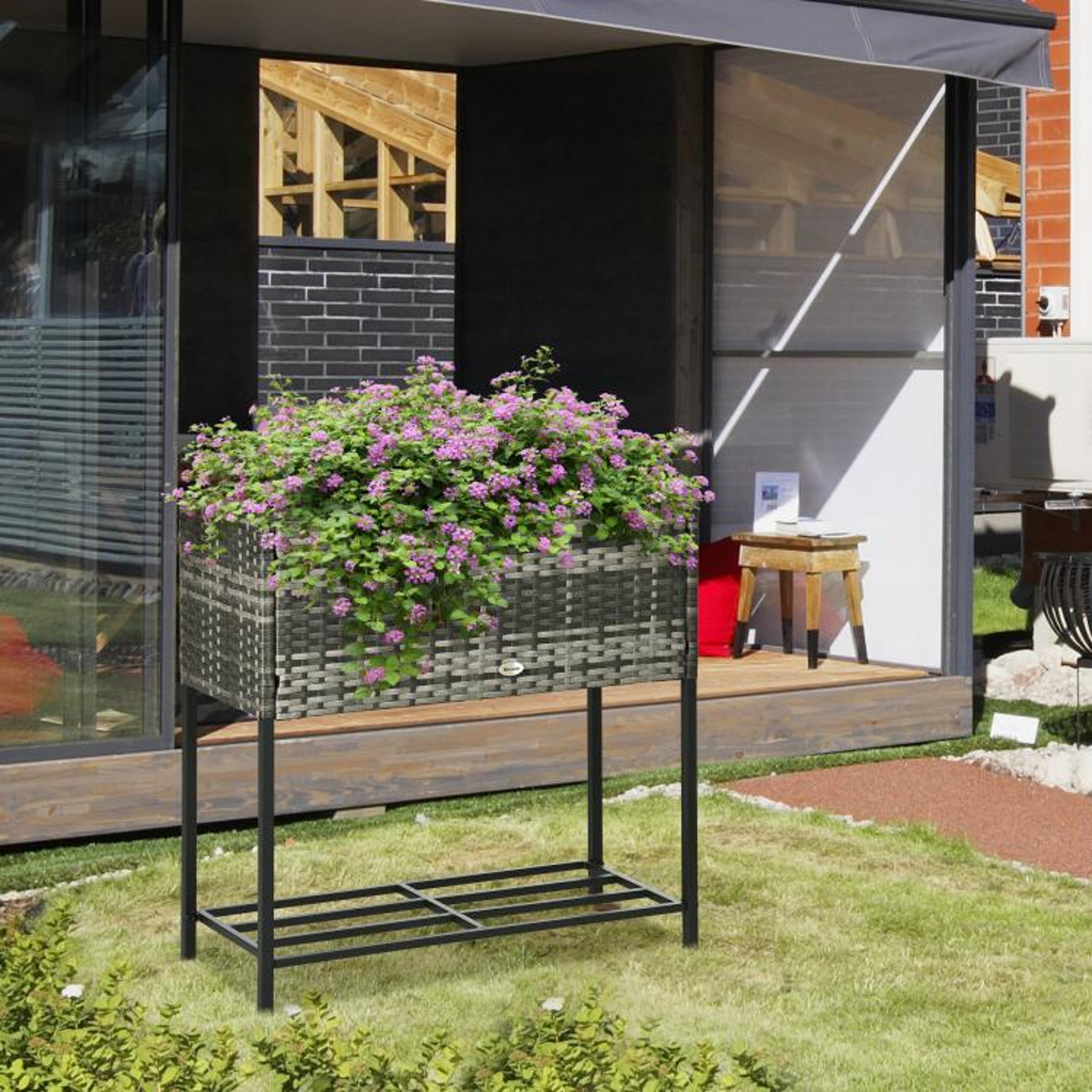 Raised Garden Bed With Rattan Wicker Look And Storage Shelf  Gray 3