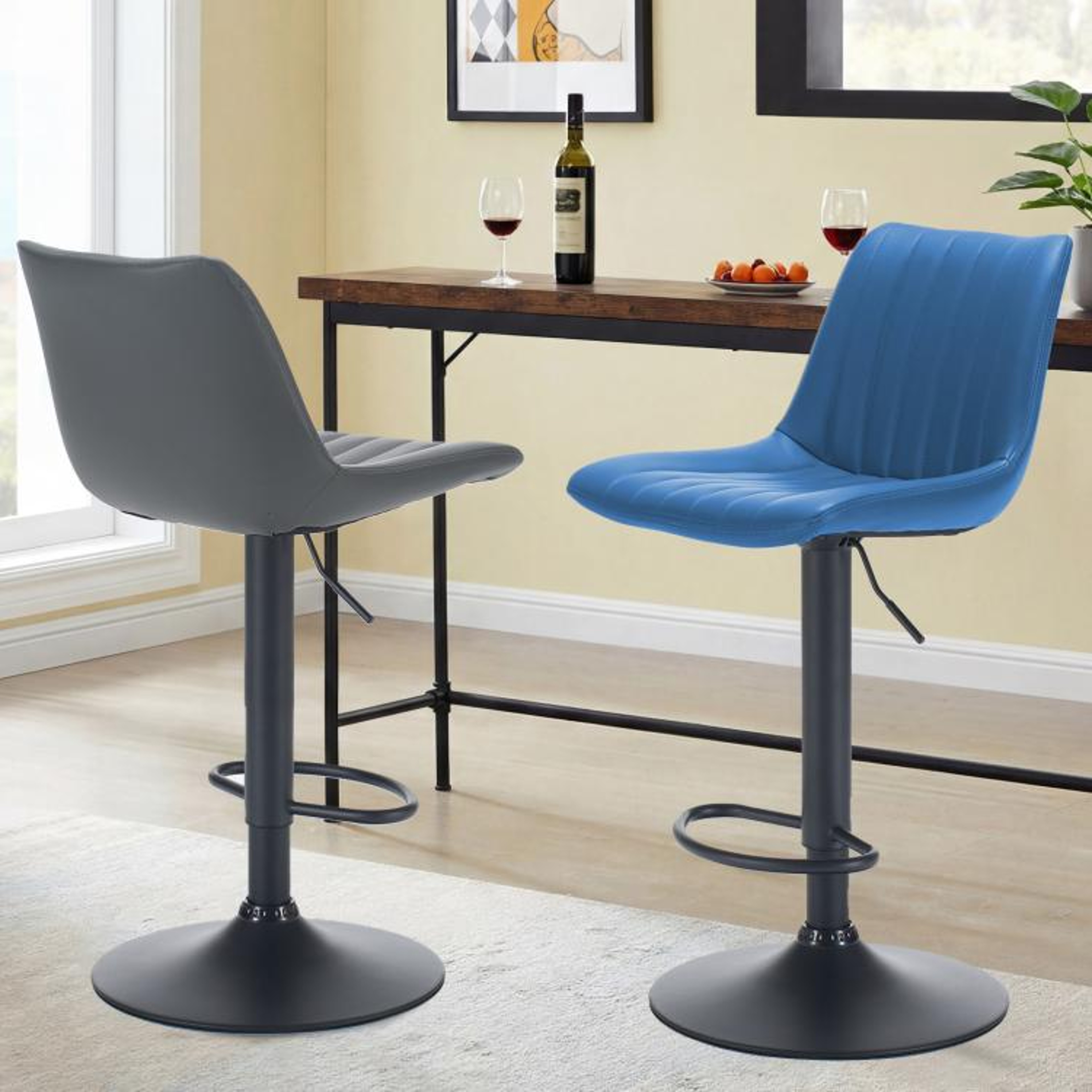 Adjustable Swivel Bar Stools Set Of 2 With Backs And Footrests  Blue Faux Leather 1