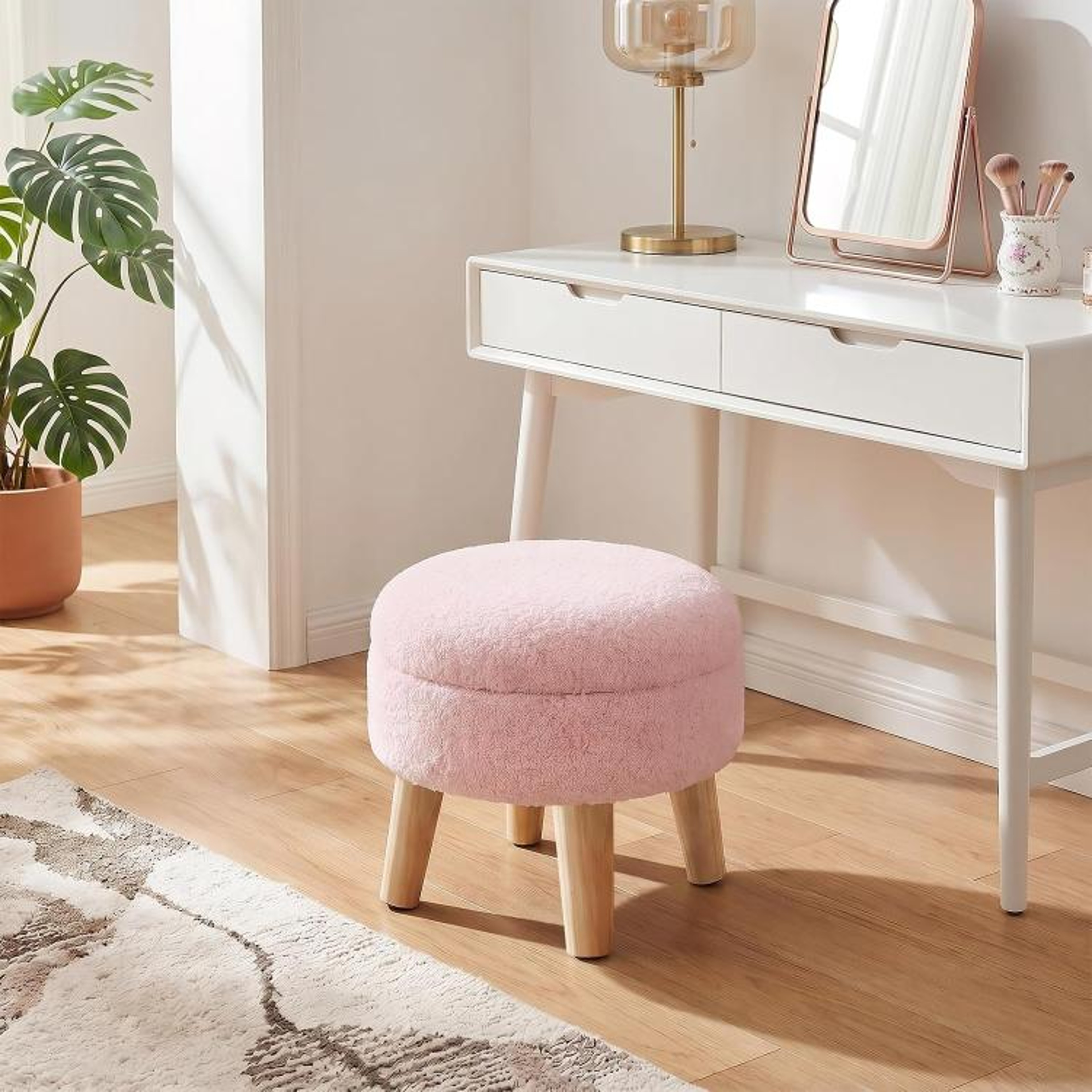 Round Storage Ottoman Footstool With Boucle Upholstery And Padded Lid Pink 2