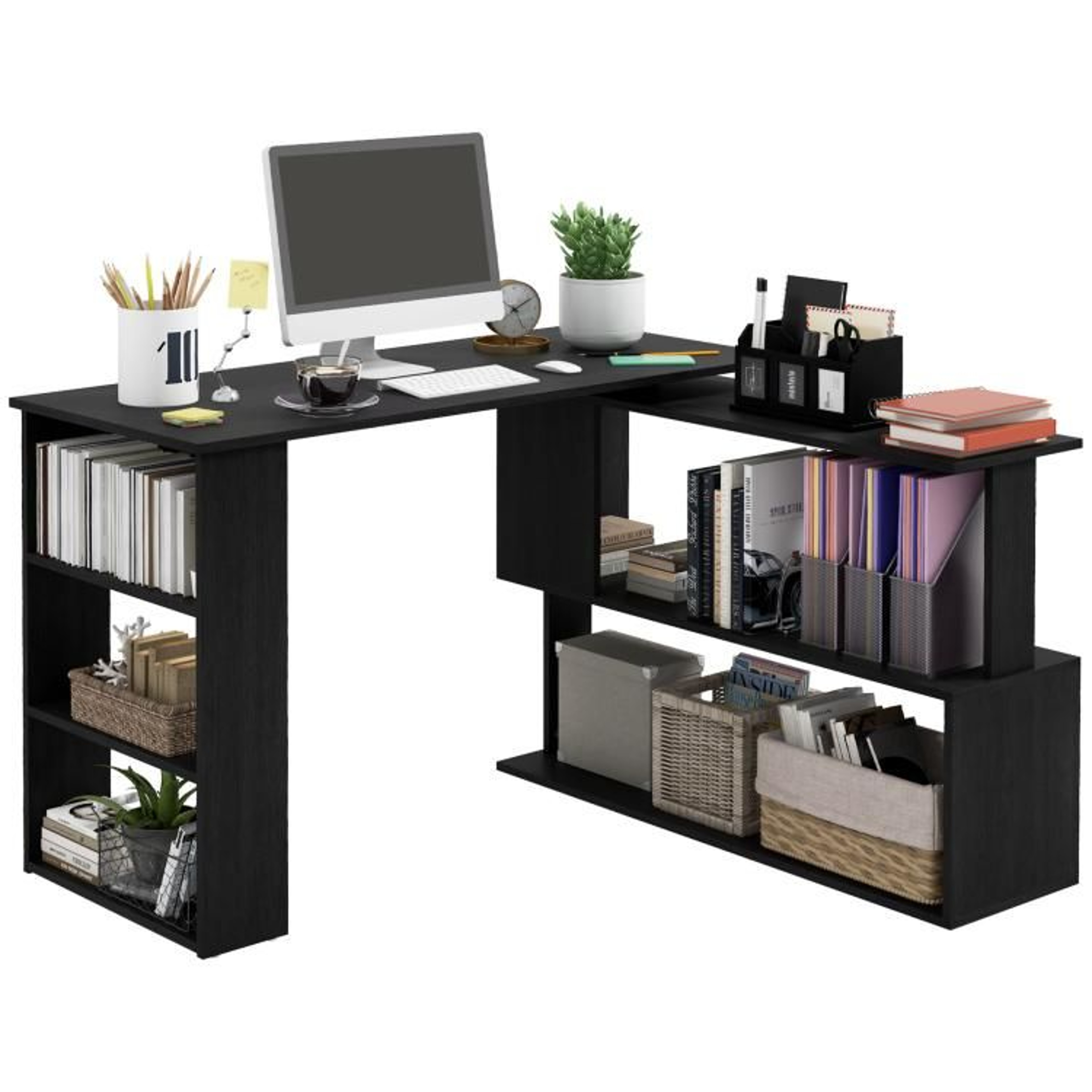 L Shaped Corner Computer Desk With 360 Rotating Design And Storage Shelves 0