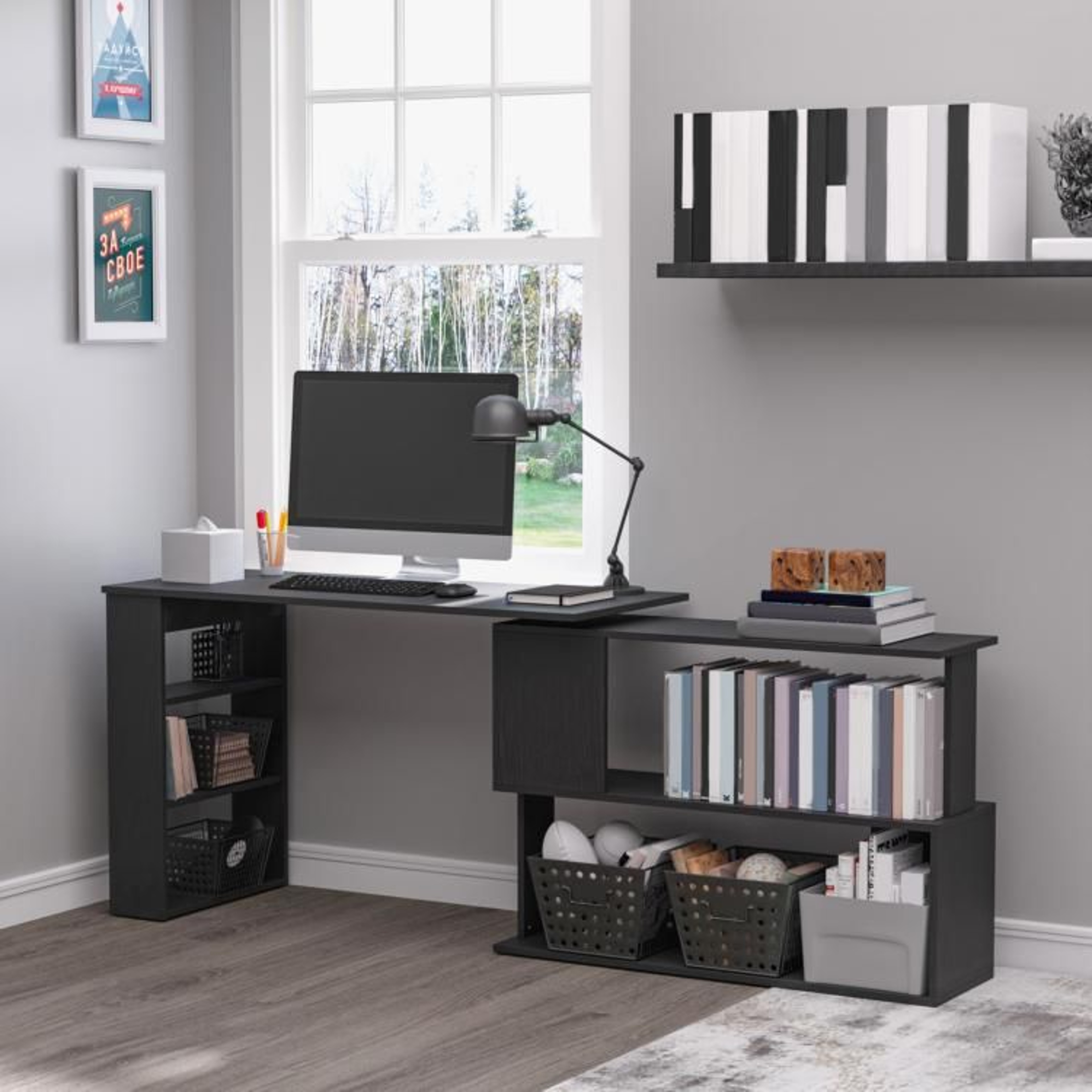 L Shaped Corner Computer Desk With 360 Rotating Design And Storage Shelves 2