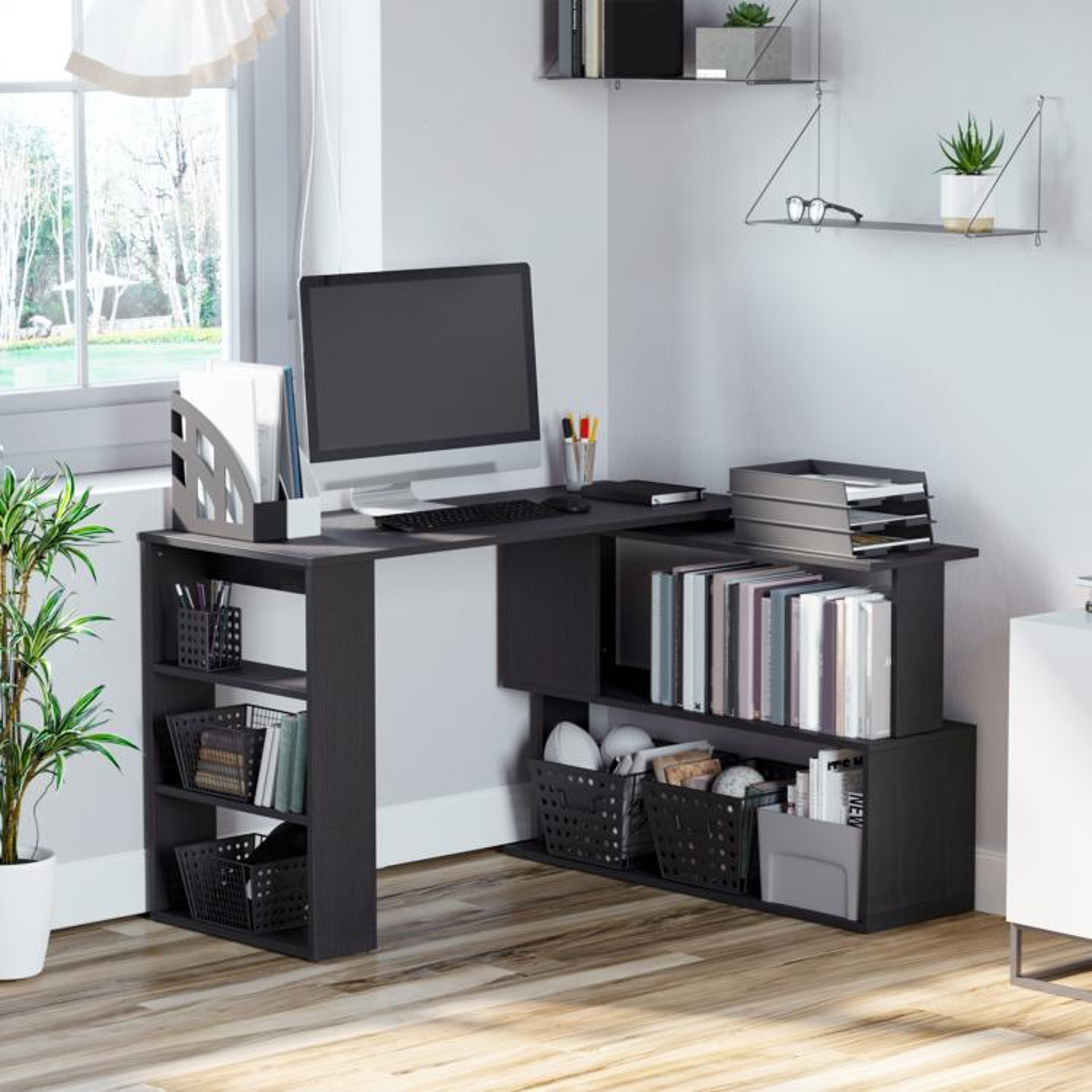 L Shaped Corner Computer Desk With 360 Rotating Design And Storage Shelves 3