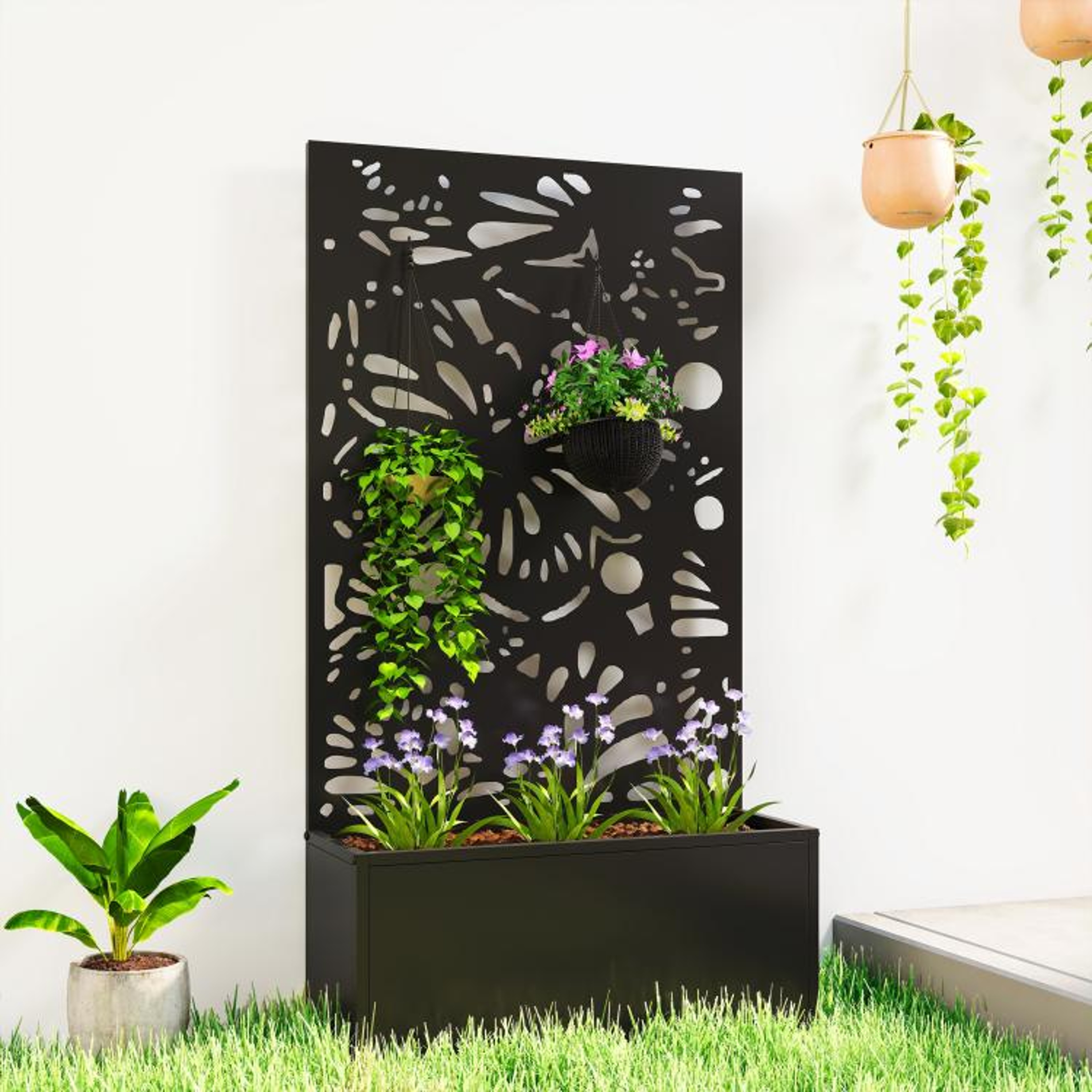 Metal Raised Garden Bed With Trellis And Butterfly Privacy Panel 2