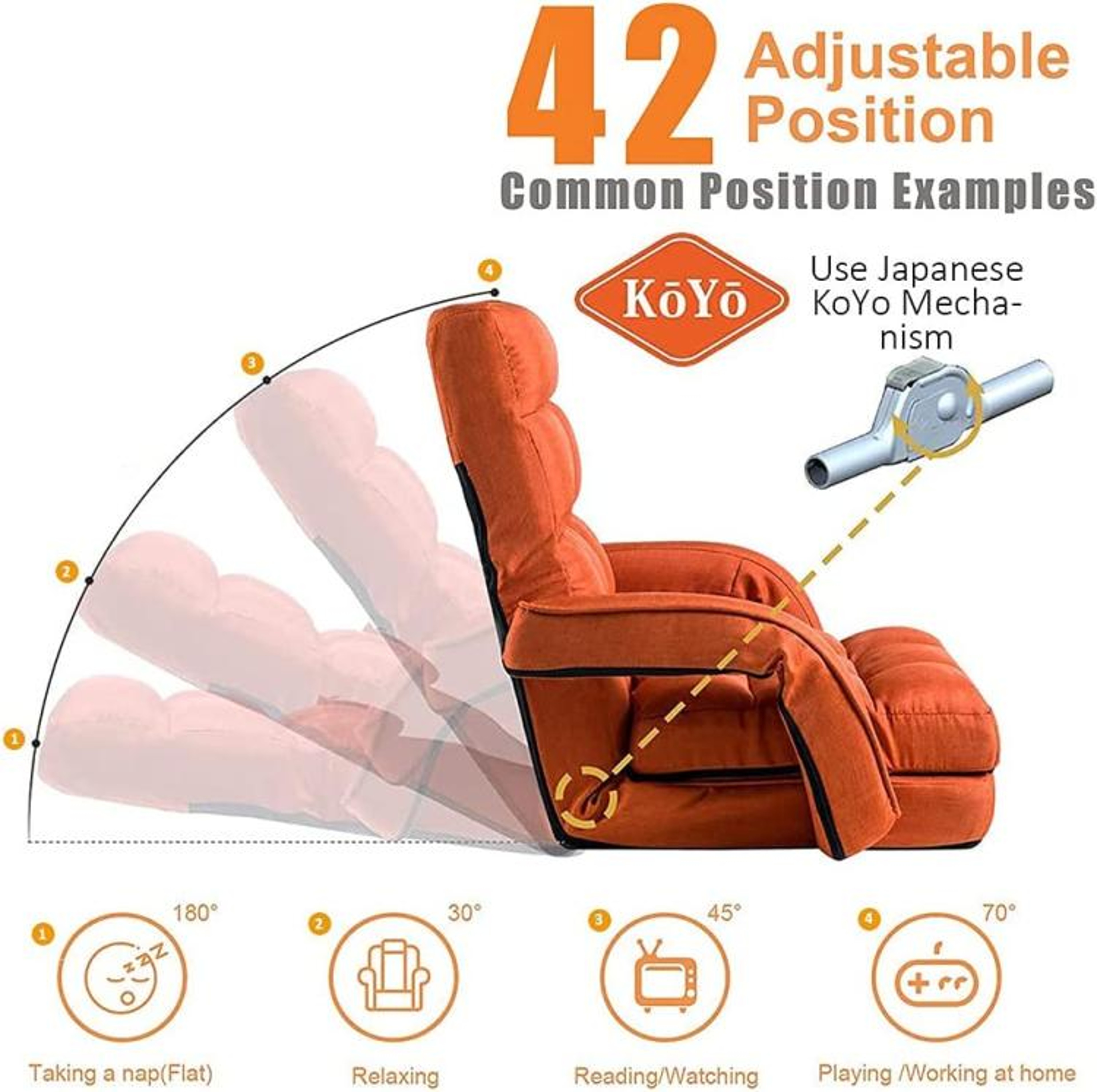 14Position Adjustable Folding Floor Chair With Pillow And Armrests  Orange 1