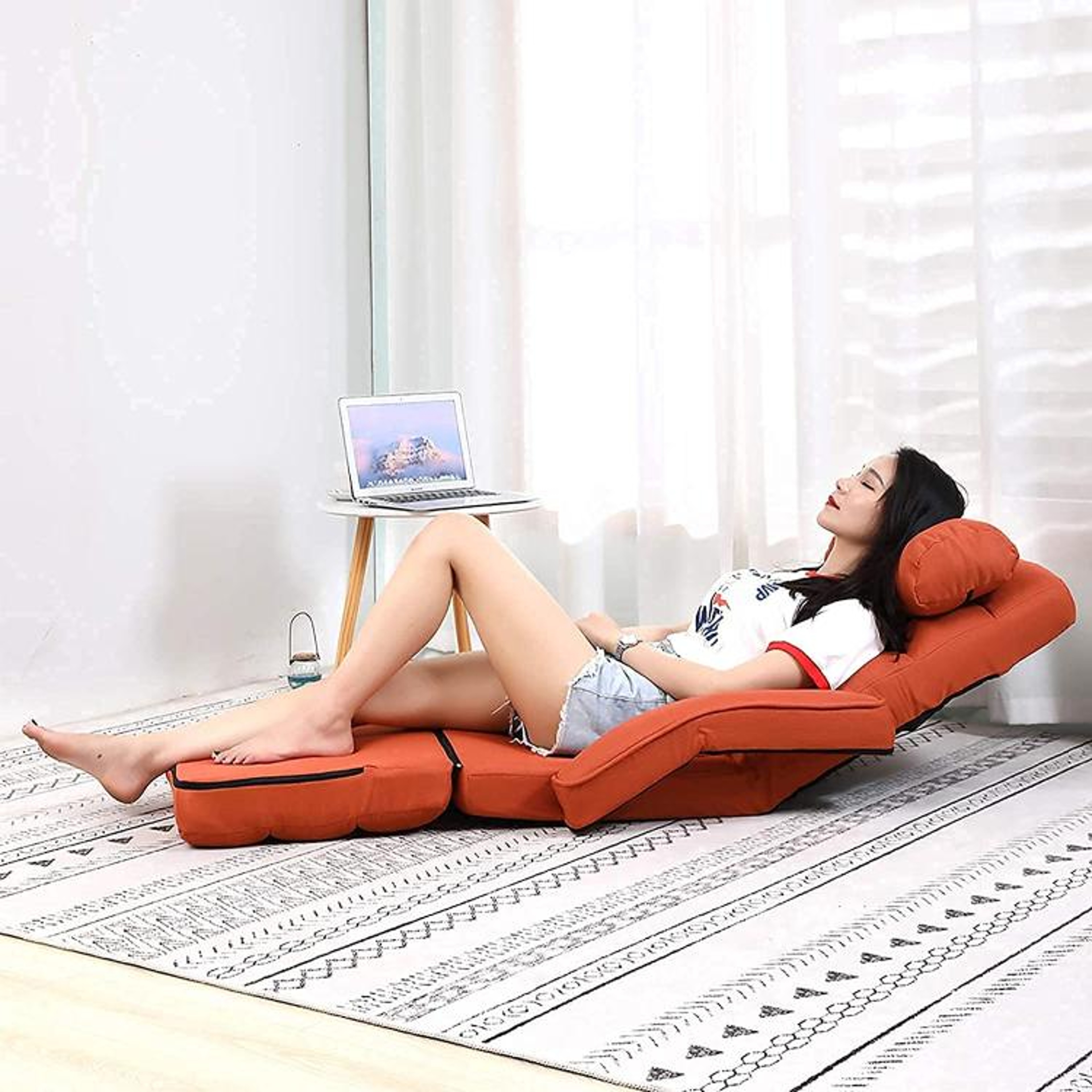 14Position Adjustable Folding Floor Chair With Pillow And Armrests  Orange 2