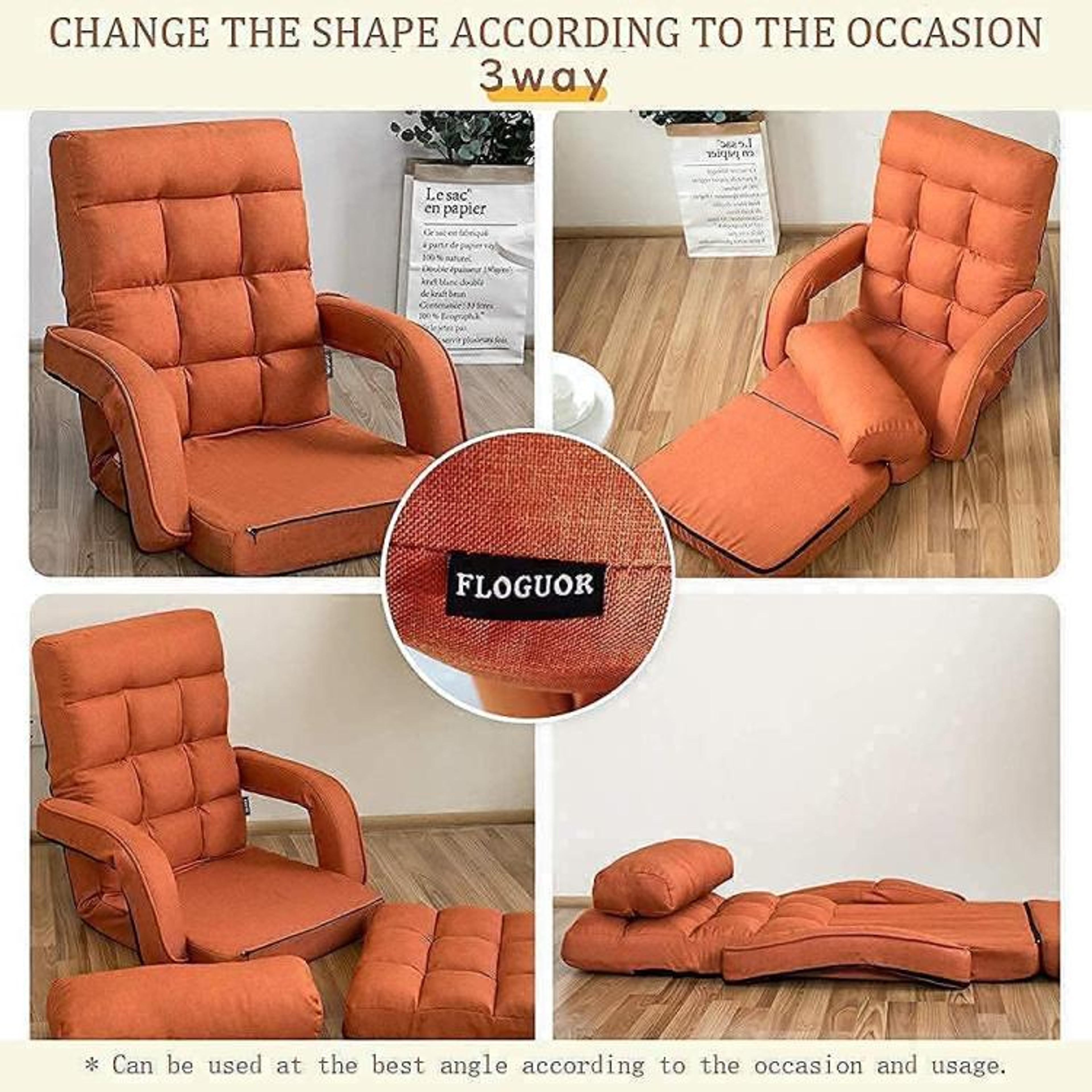 14Position Adjustable Folding Floor Chair With Pillow And Armrests  Orange 3