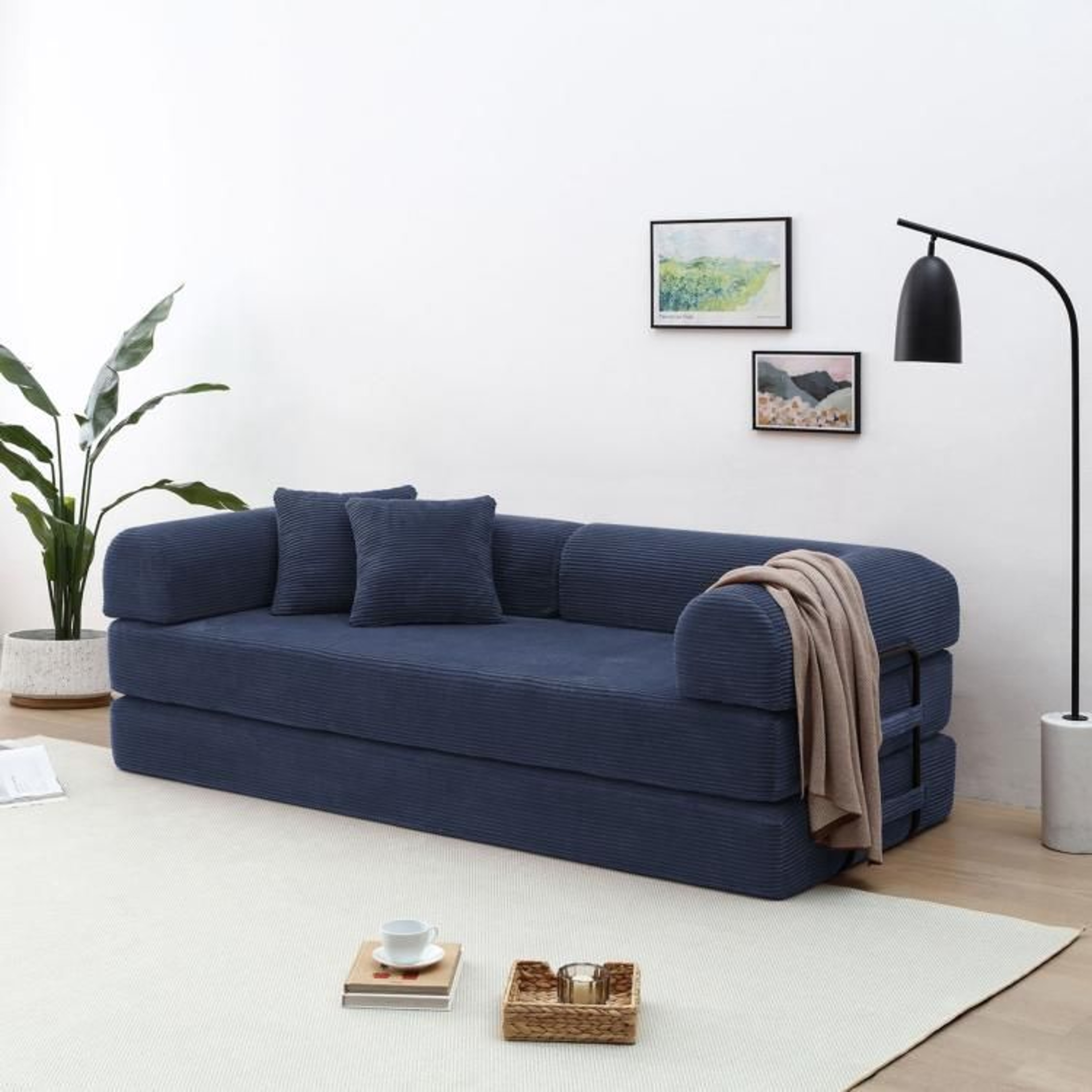 Convertible Sleeper Sofa Bed With Blue Corduroy Upholstery And Foldable Design 1