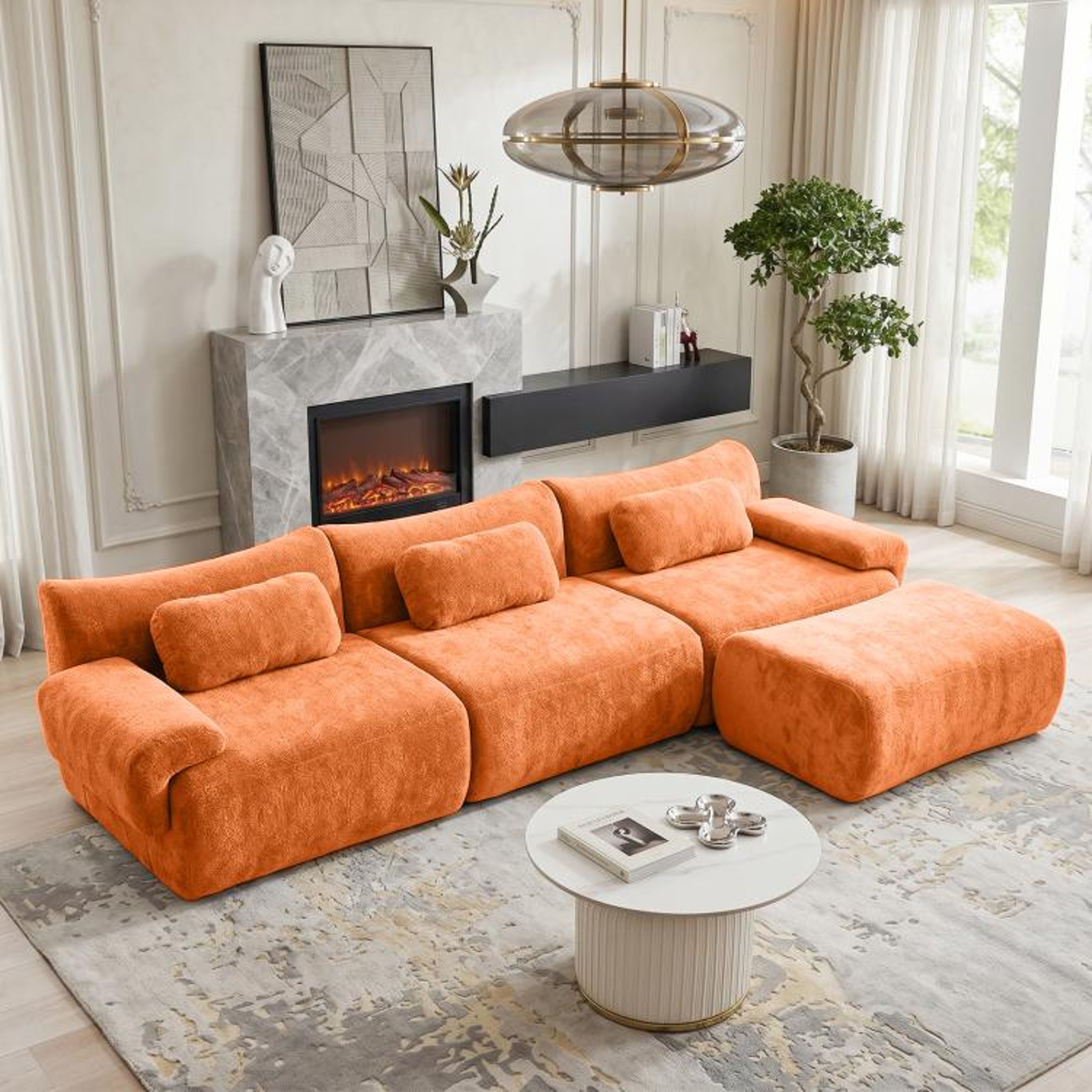 126Inch LShaped Modular Sectional Sofa With 3 Throw Pillows  Orange 0