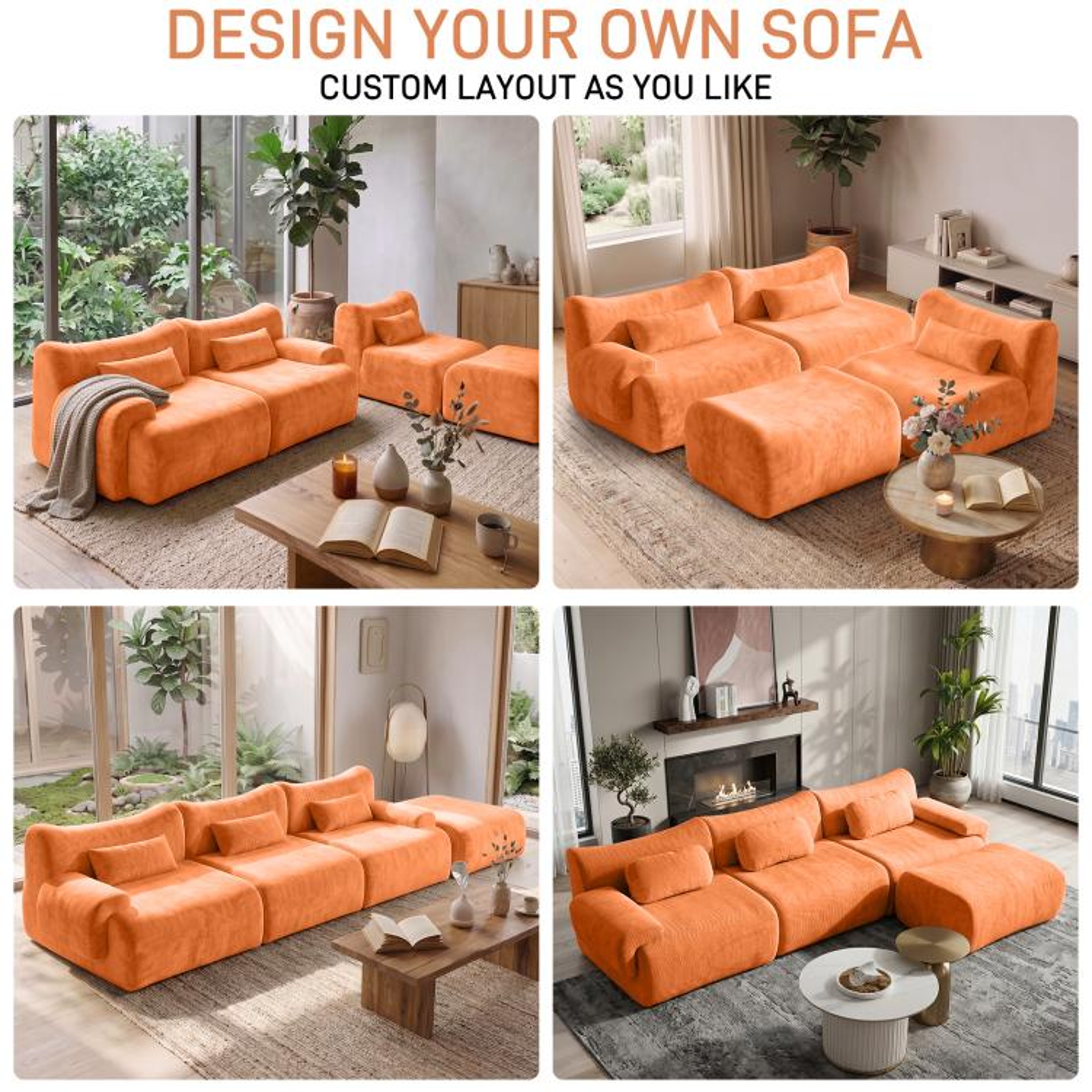 126Inch LShaped Modular Sectional Sofa With 3 Throw Pillows  Orange 2