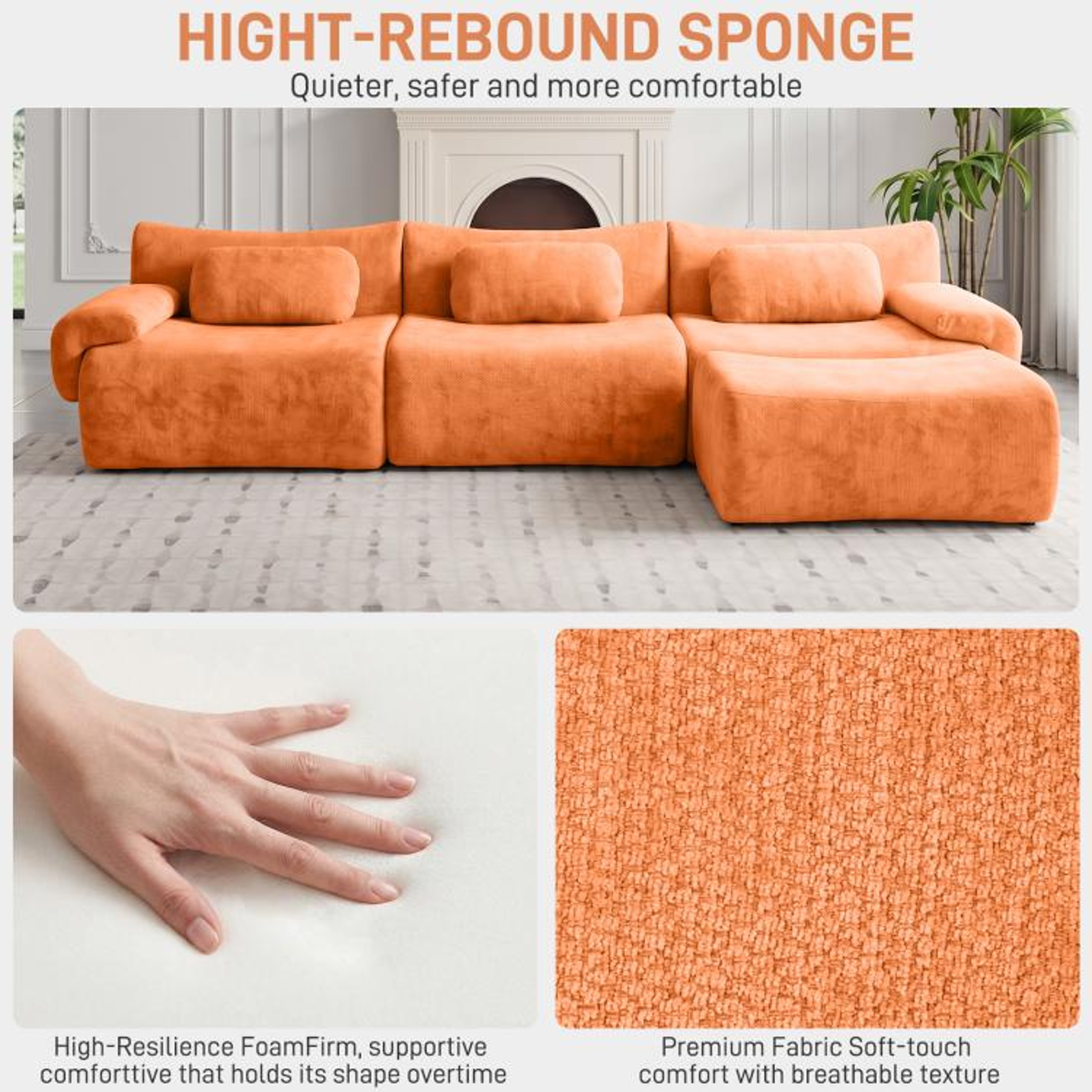 126Inch LShaped Modular Sectional Sofa With 3 Throw Pillows  Orange 5