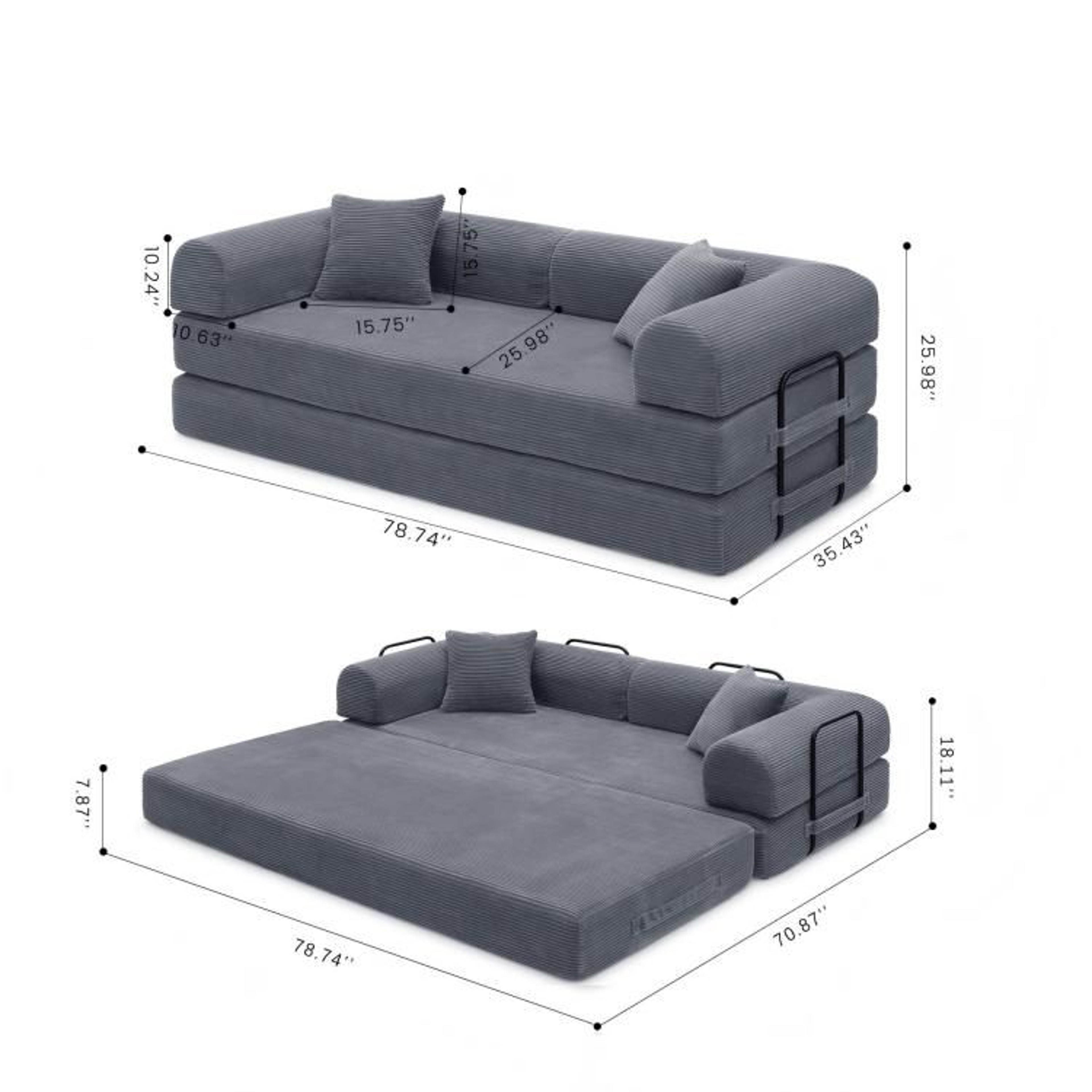 Convertible Sleeper Sofa Bed With Corduroy Upholstery  Dark Gray 2