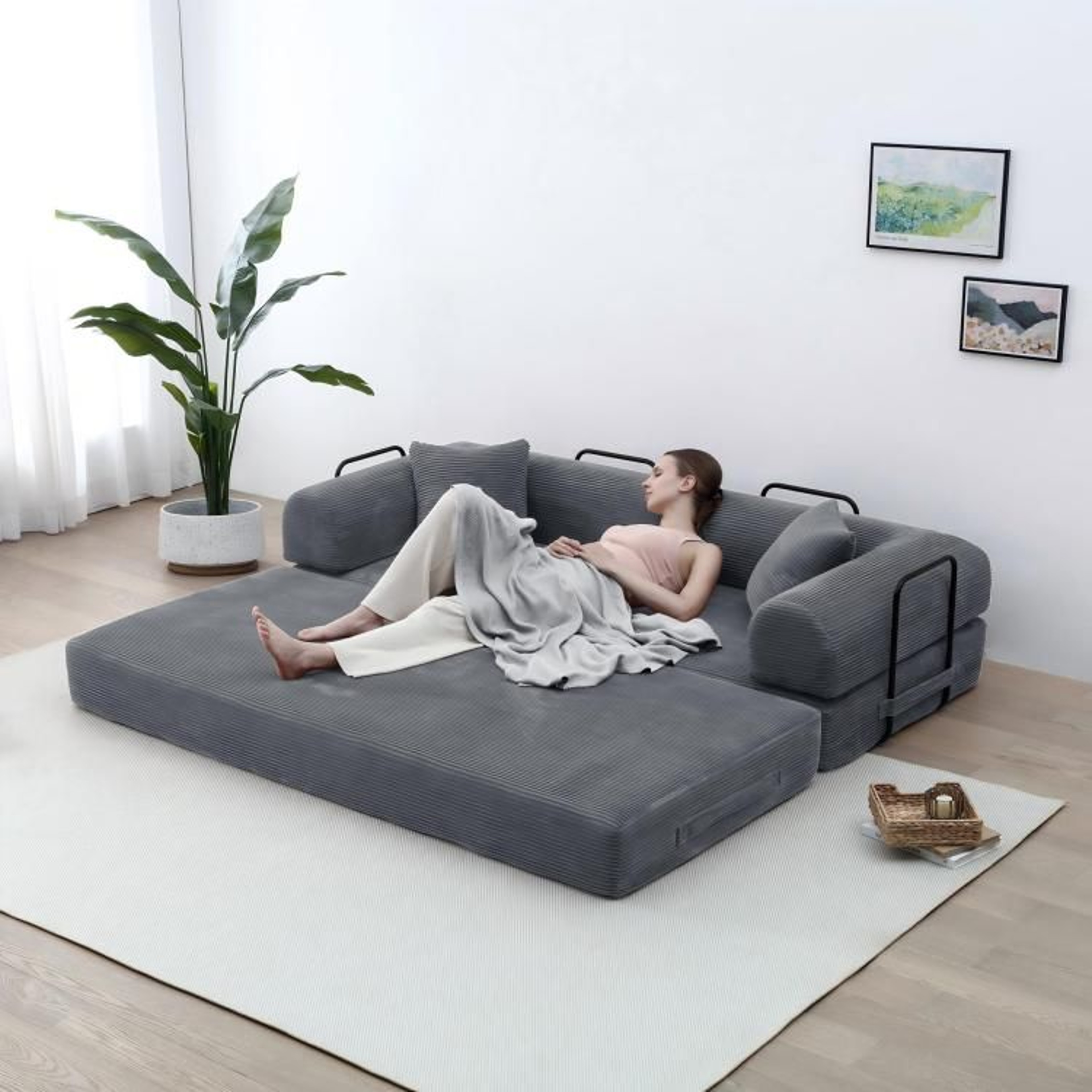 Convertible Sleeper Sofa Bed With Corduroy Upholstery  Dark Gray 4