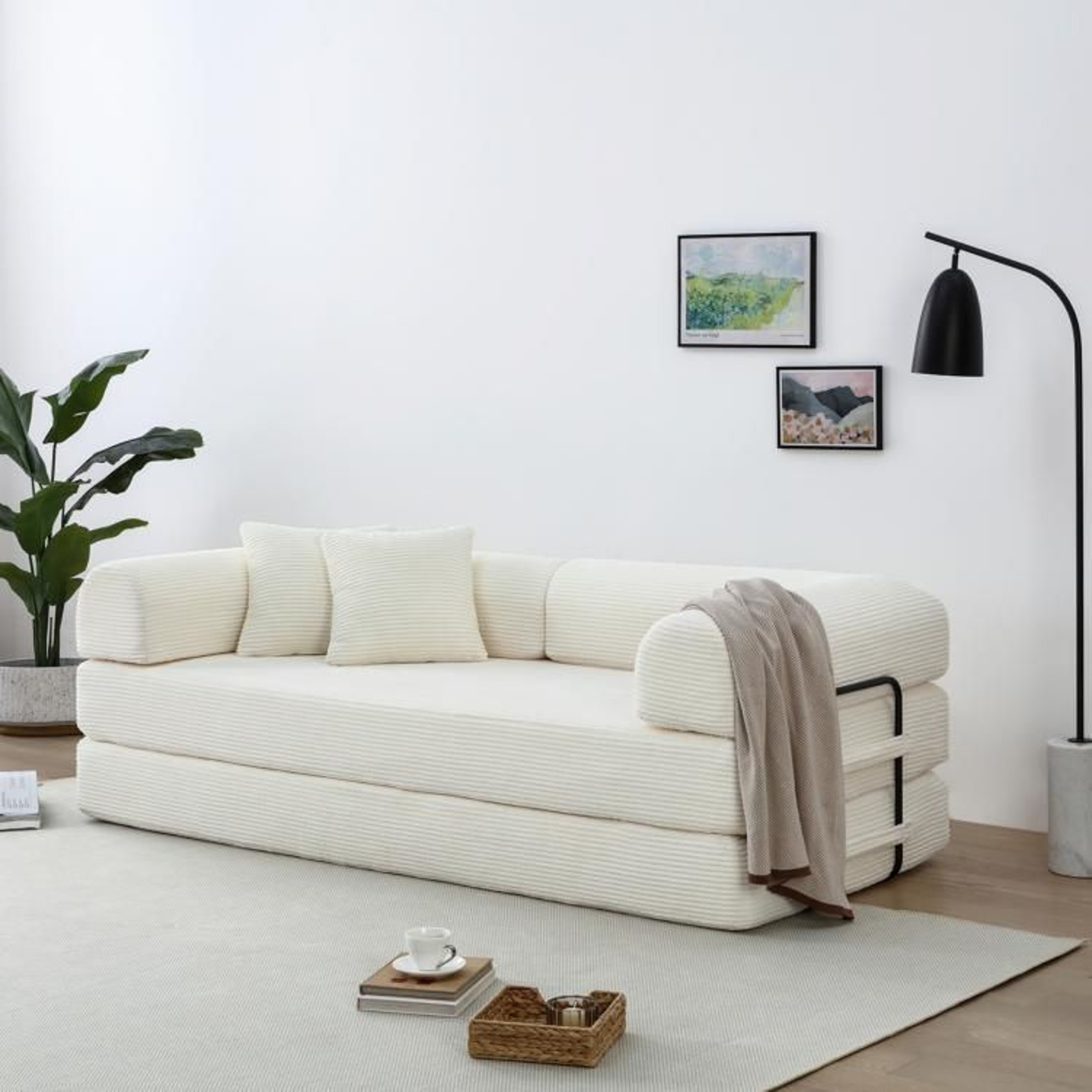 Convertible Sleeper Sofa Bed With White Corduroy Upholstery And Foldable Design 1