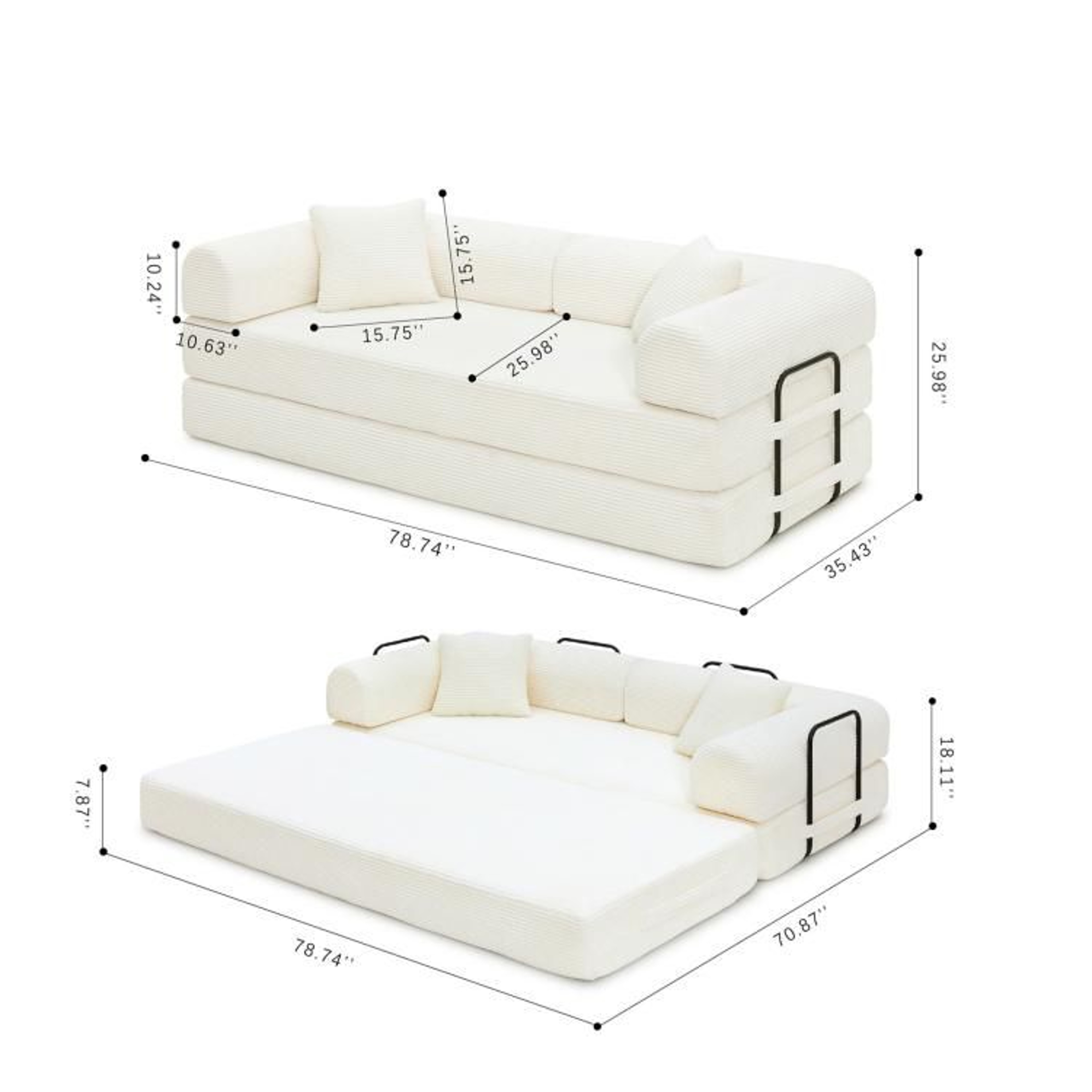 Convertible Sleeper Sofa Bed With White Corduroy Upholstery And Foldable Design 2