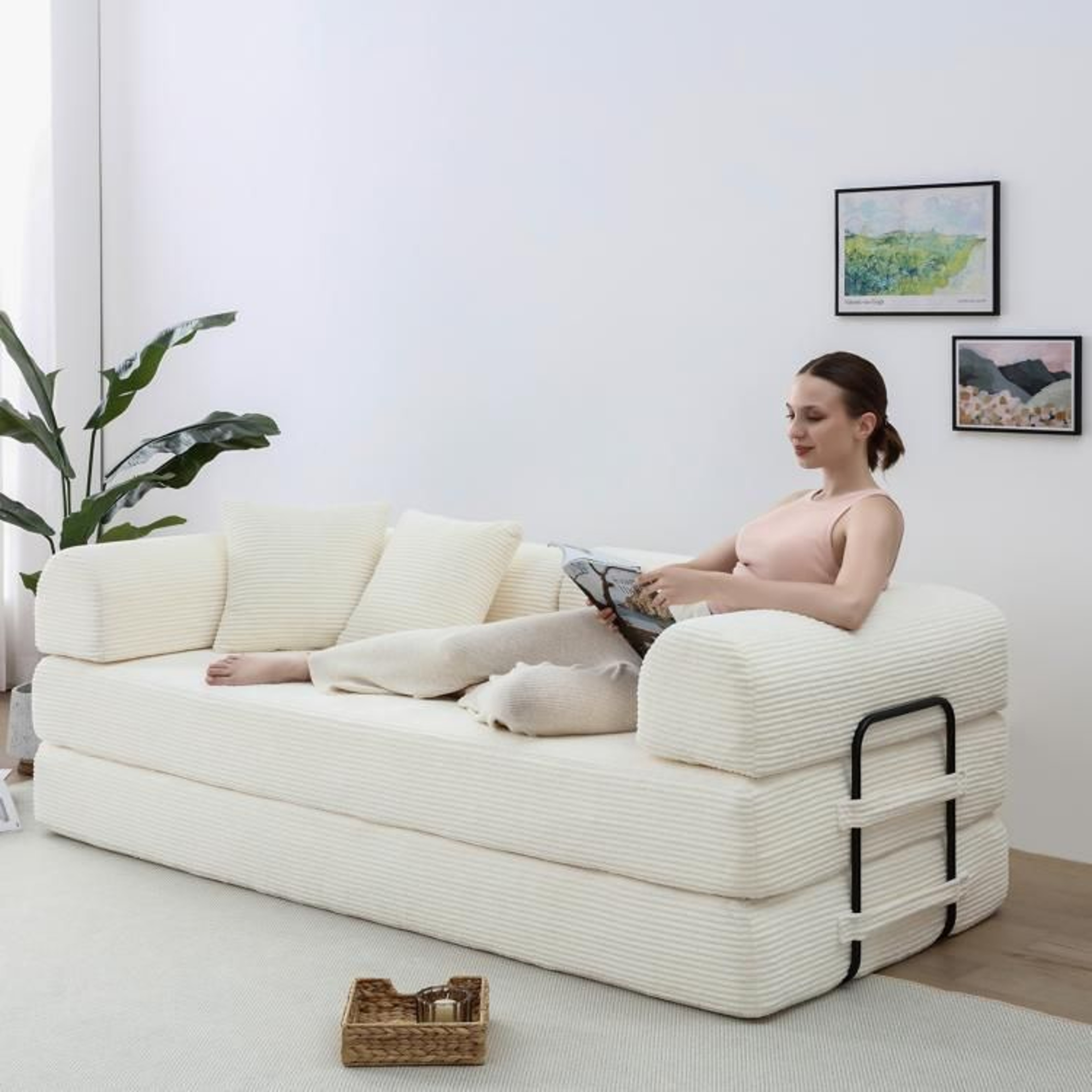 Convertible Sleeper Sofa Bed With White Corduroy Upholstery And Foldable Design 3