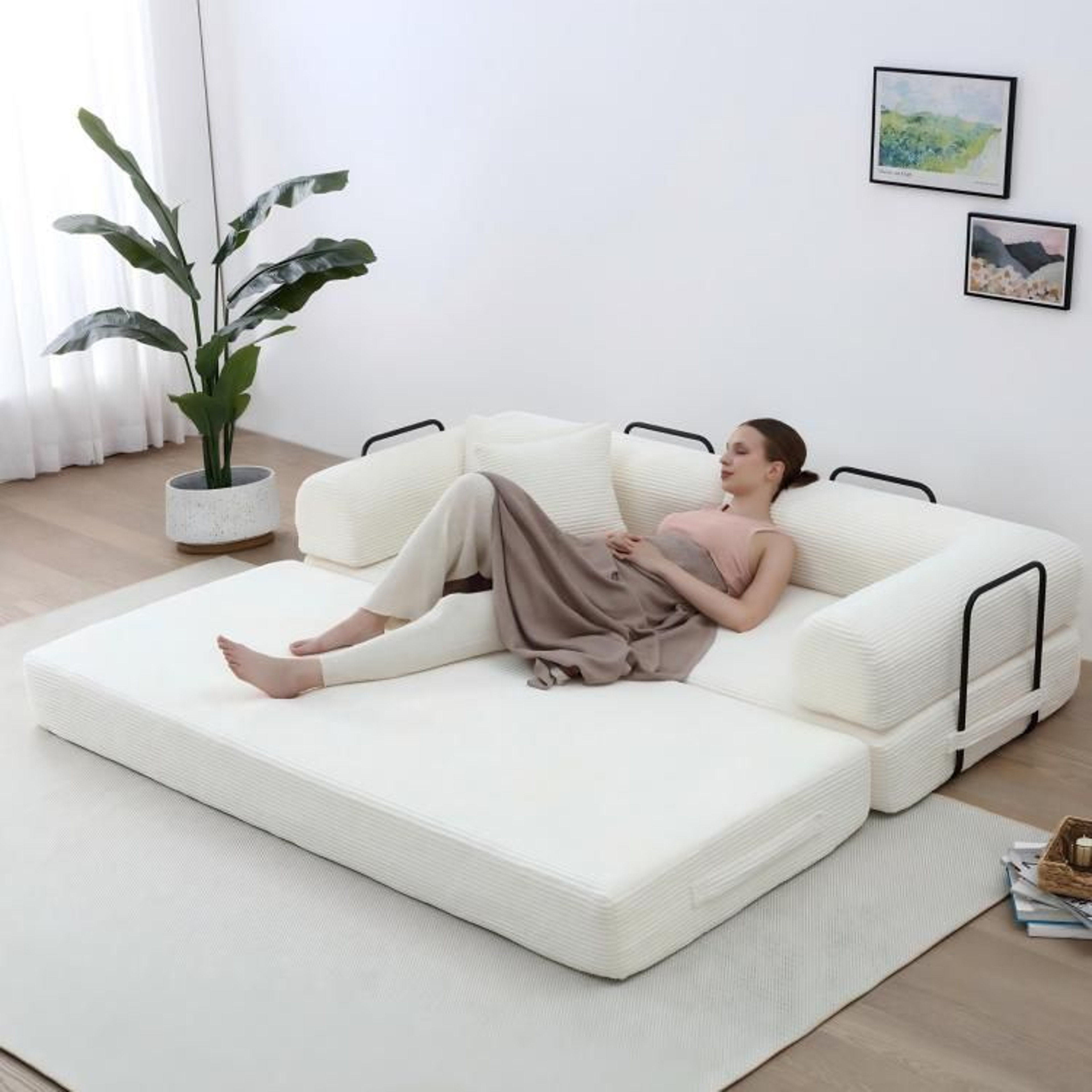 Convertible Sleeper Sofa Bed With White Corduroy Upholstery And Foldable Design 4