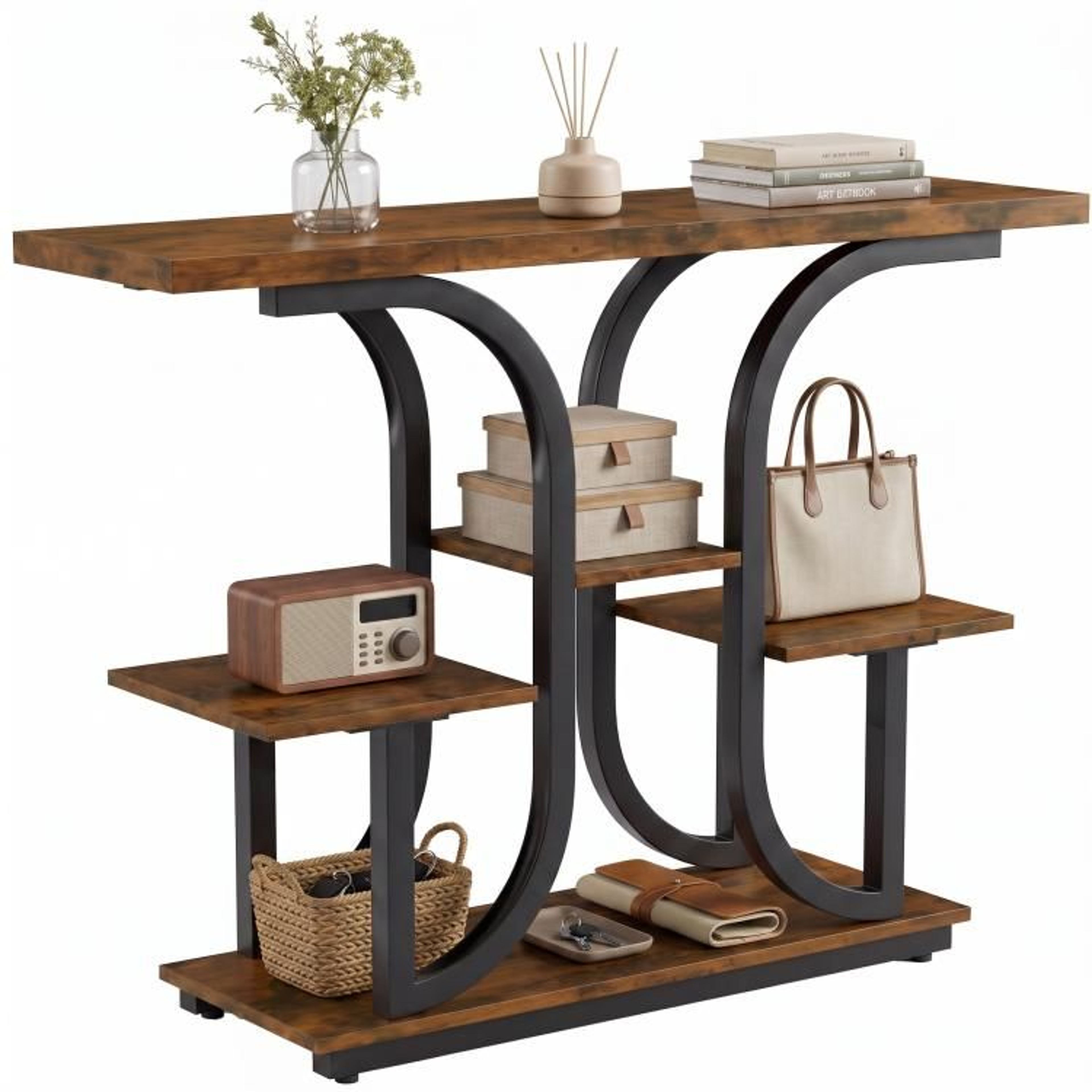 Modern Narrow Console Table With 3Tier Open Storage Shelves In Rustic Brown 0